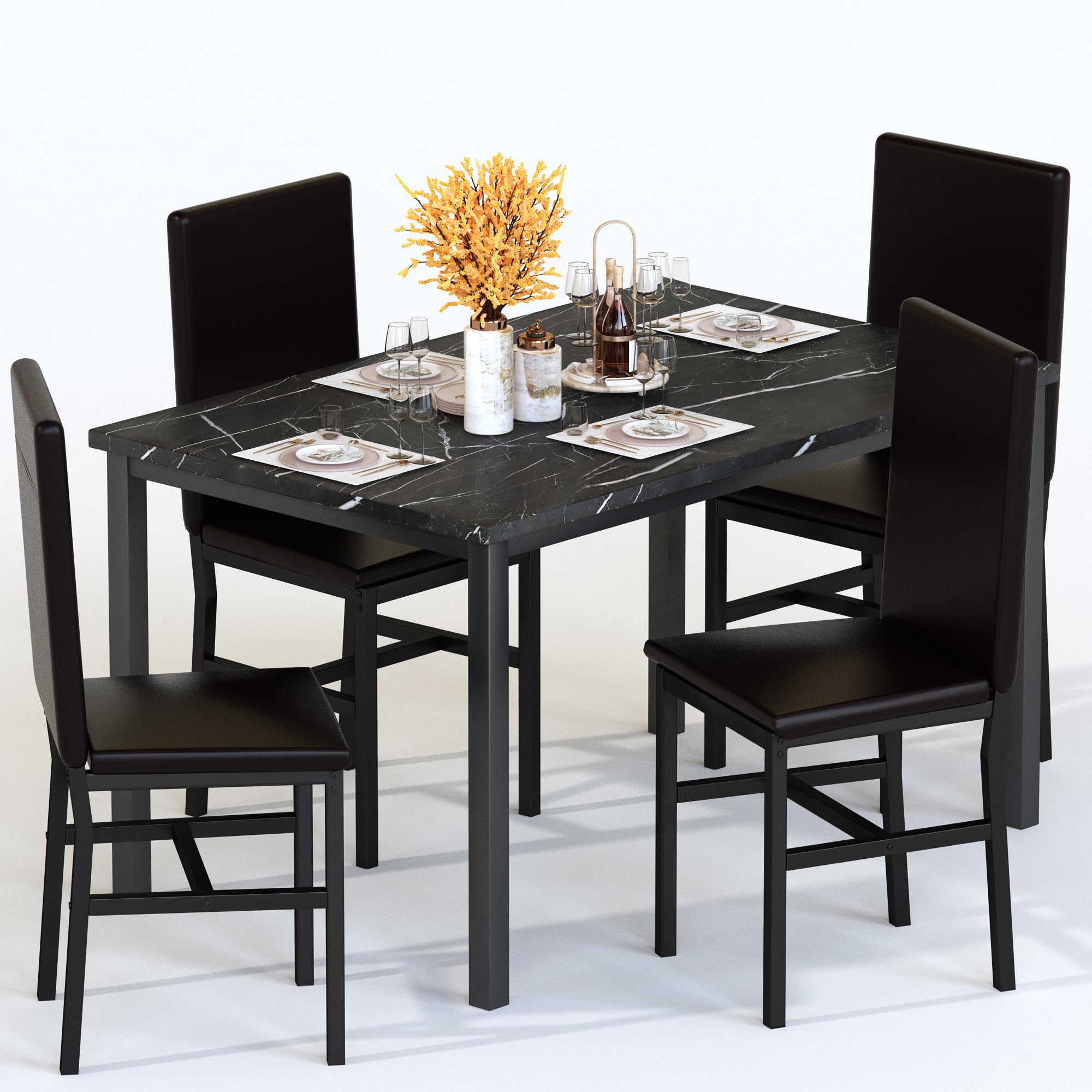 Dining Table Set for 4, Faux Marble Kitchen Table and Chairs Set, Black