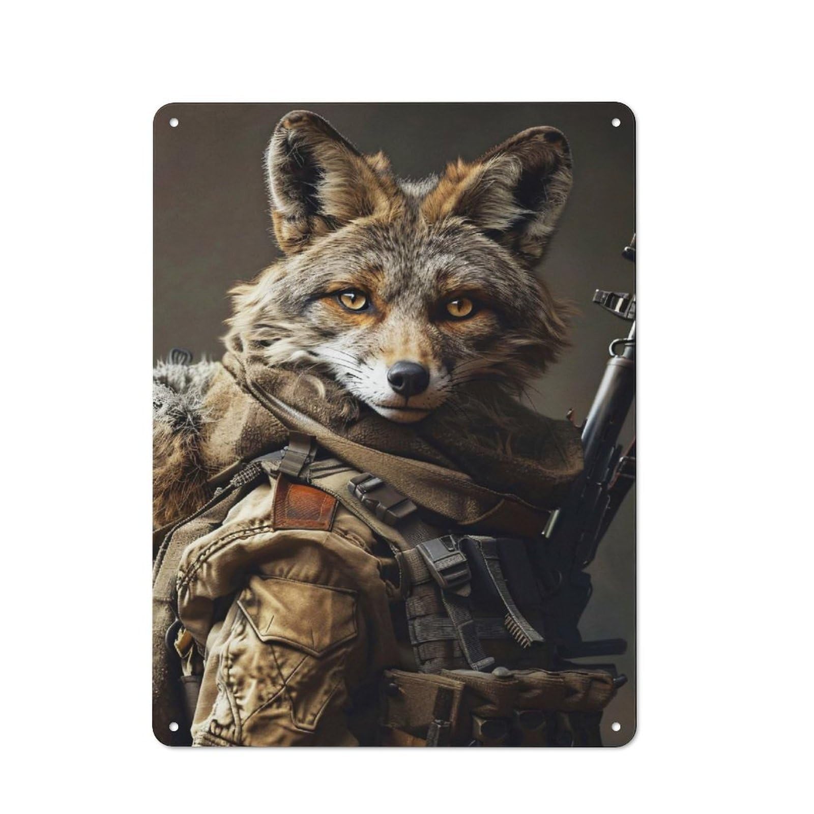 Country Style Anthropomorphic Coyote Soldier Portrait Decorative Metal Sign 40x30cm, Bistro Wall Plaque for Restaurant, Kitchen, Counter Or Breakfast Nook