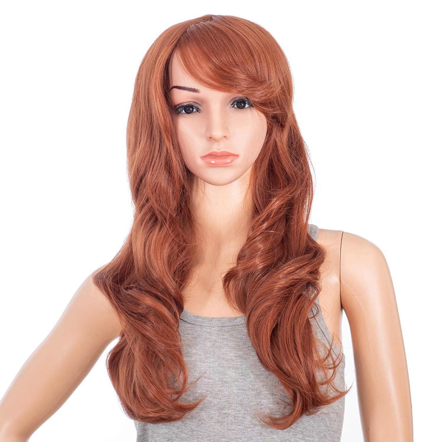 SWACC 26-Inch Long Curly Wave Cosplay Synthetic Wig Colored Hair Piece for Women with Wig Cap (Dark Copper Red)