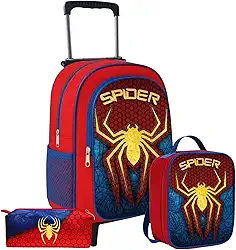 Kit Mochila de Rodinha Escolar Masculina Infantil Menino + Lancheira + Estojo Grande Aranha 6