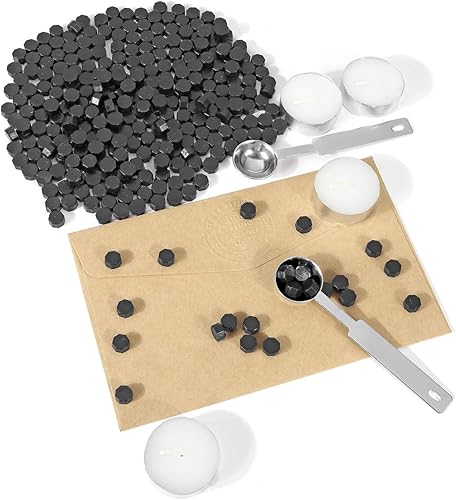 Miniatura 4 de Yoption - Juego de 300 cuentas de cera octágona, con 2 cucharas de fusión y 4 velas para sobres de invitación de boda, envoltura de regalo (negro)