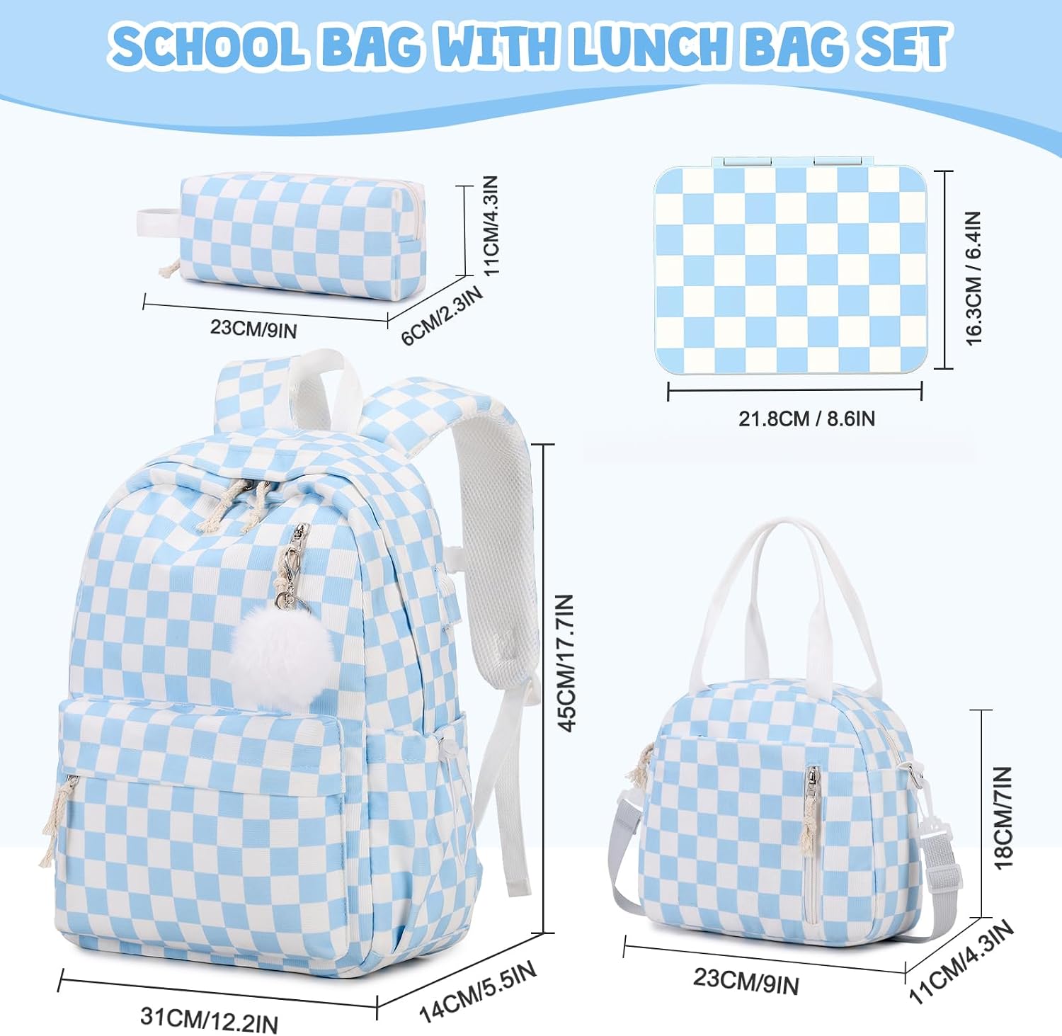 4PCS Corduroy Girls Backpack w/ Lunch Box & Lunch Bag (Blue Chessboard) image 2