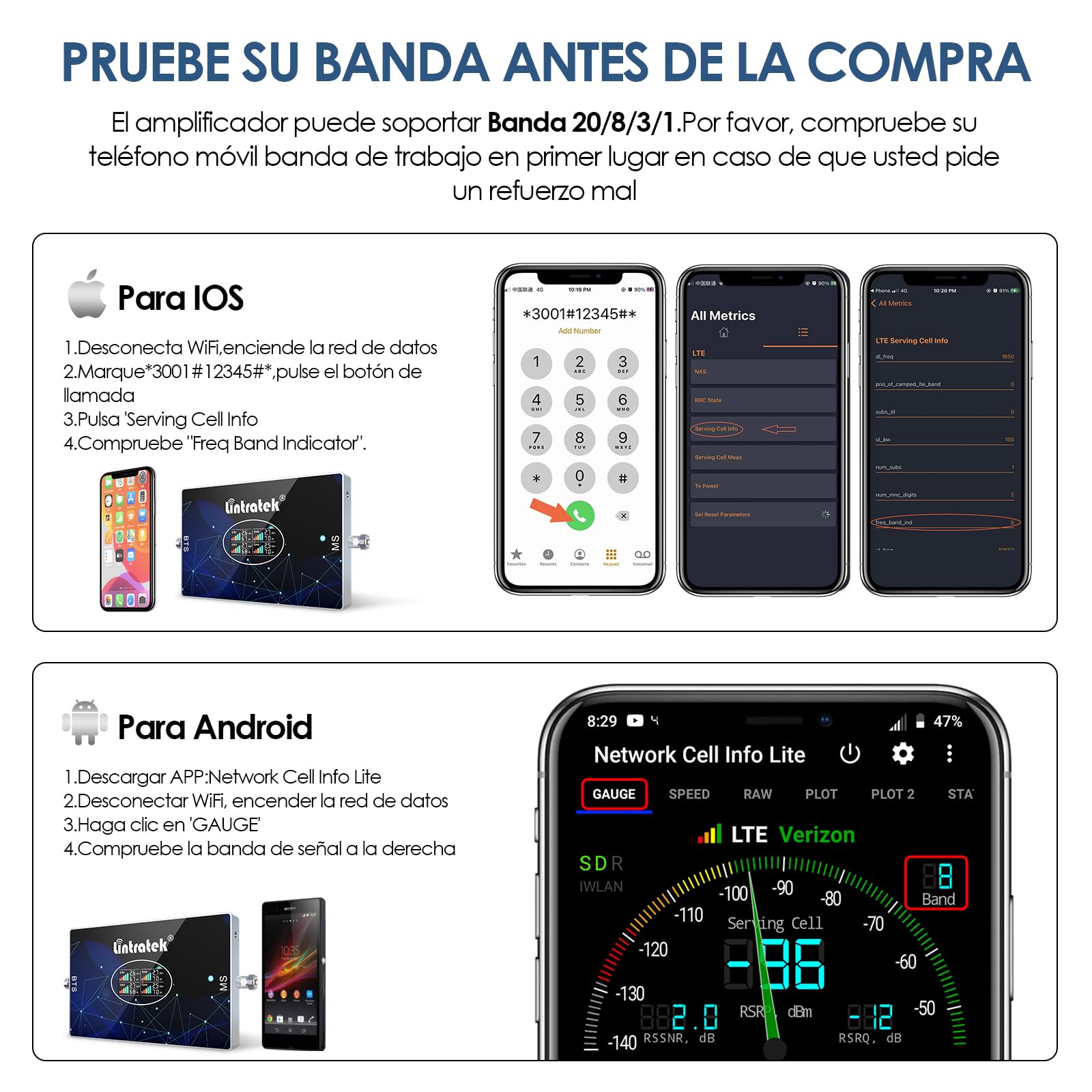 Amplificador de Cobertura Movil 4 Banda B20 800，900,1800,2100Mhz Amplificador Señal Movil gsm 3G 4G LTE 70dB Repetidores de señal 4g Compatible con Simyo/Orange/Yoigo/Vodafone