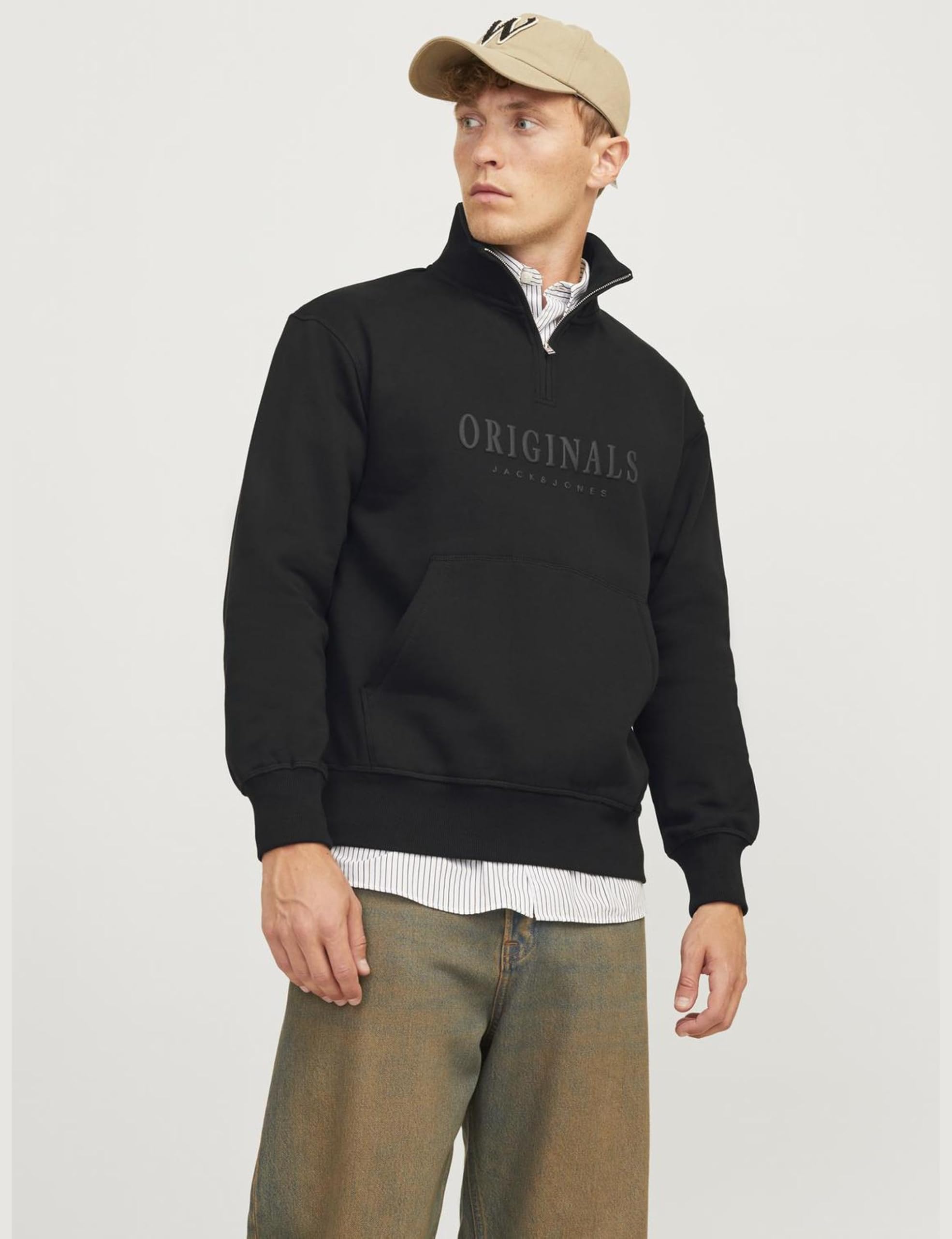 JACK & JONES Felpa Collo Alto e Zip a Un Quarto, Stampa gommata sul Davanti per Un Effetto soffice.