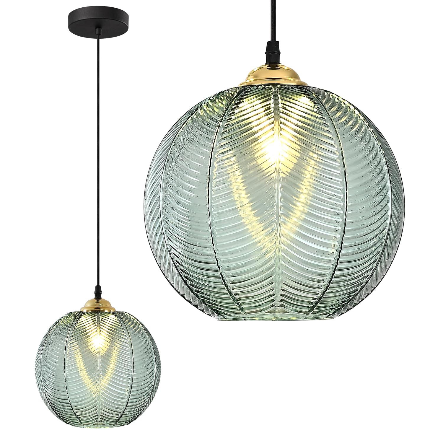 KCO Iluminación moderna de globo grande colgante lámpara colgante de cristal verde nórdico, lámpara colgante negra para cocina, casa de campo, isla de cocina, luz vintage individual verde para colgar