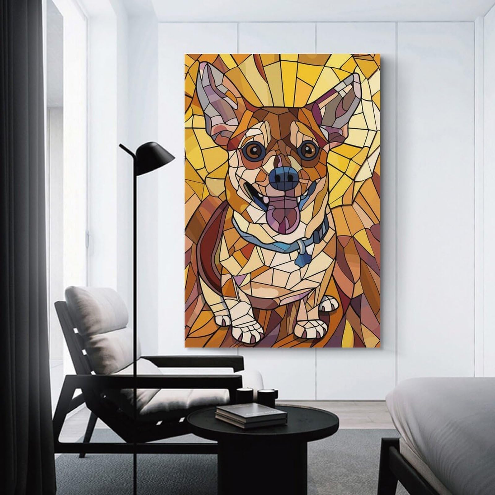 Junmoney Stained Glass Chihuahua Portrait Canvas Wall Picture, 12x18inch(30x45cm), for Wall Displays, Bedrooms Or Room Updates, Wall Decor Suited to Curated Displays