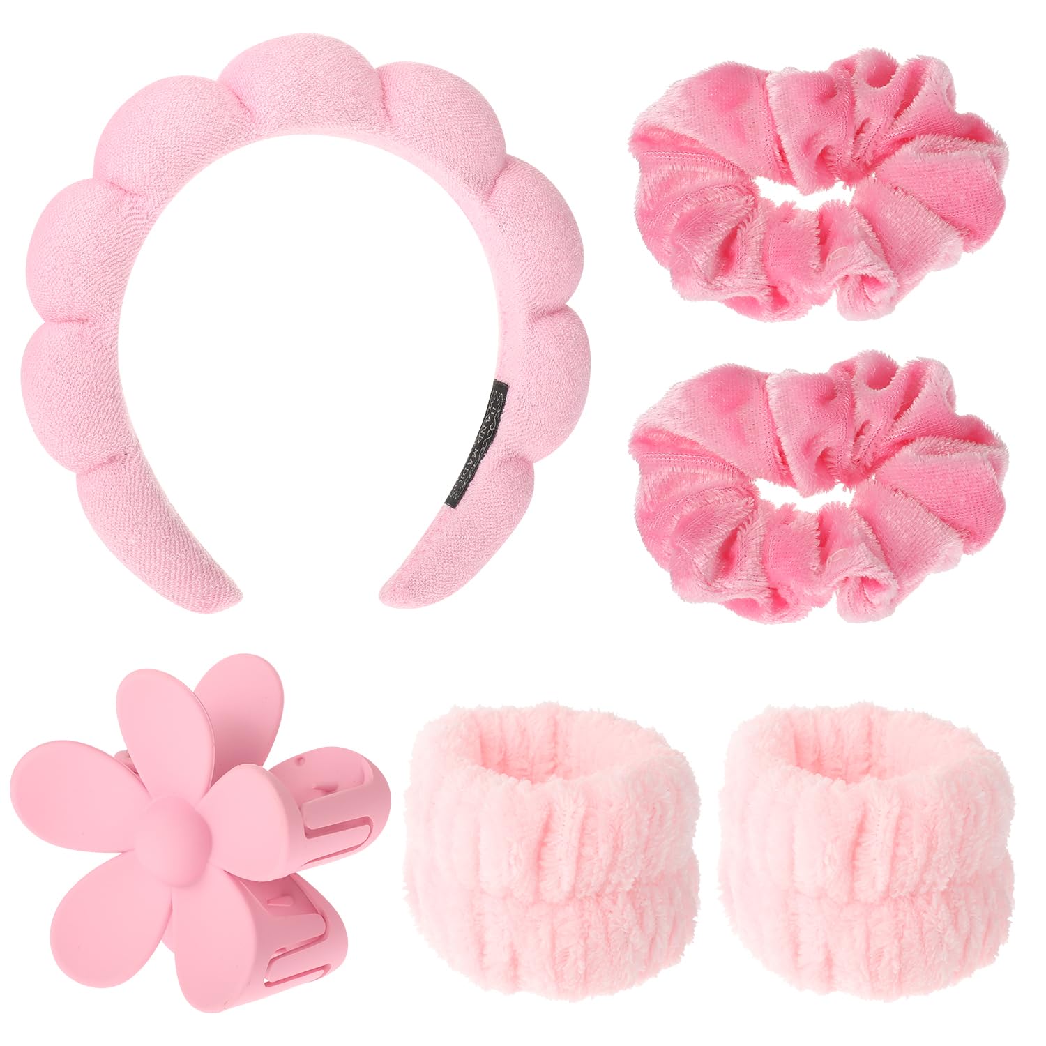 ARubyForest Spa Headband Set, Pink, 6pcs (2x Wristbands, 1x Headband, 2x Scrunchies, 1x Hair Clip), Unisex Adult, Female