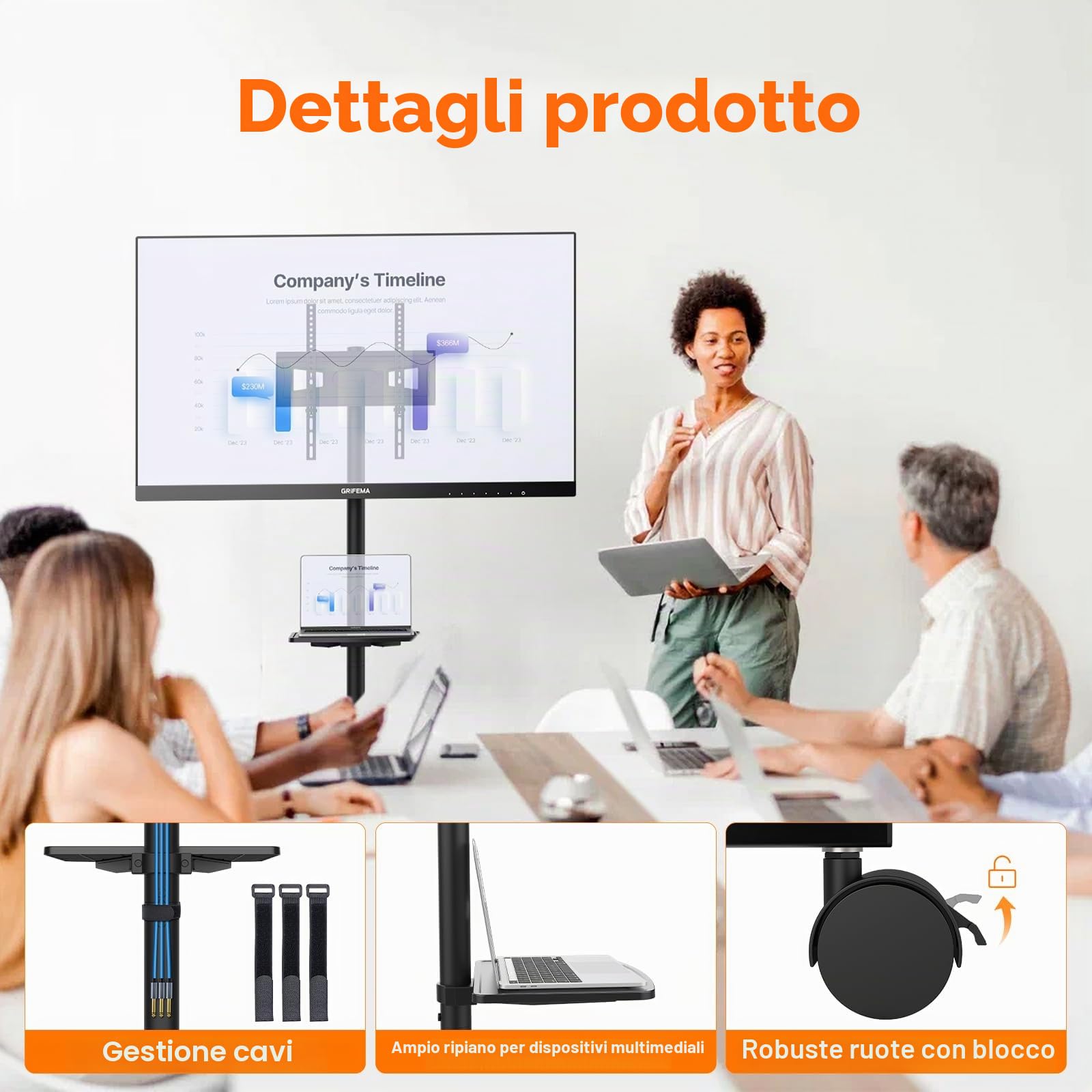 GRIFEMA Supporto TV su ruote per TV fino a 65 pollici | Per TV plasma, LCD e LED, con ripiano per laptop, fino a 40 kg, max VESA 400x400mm