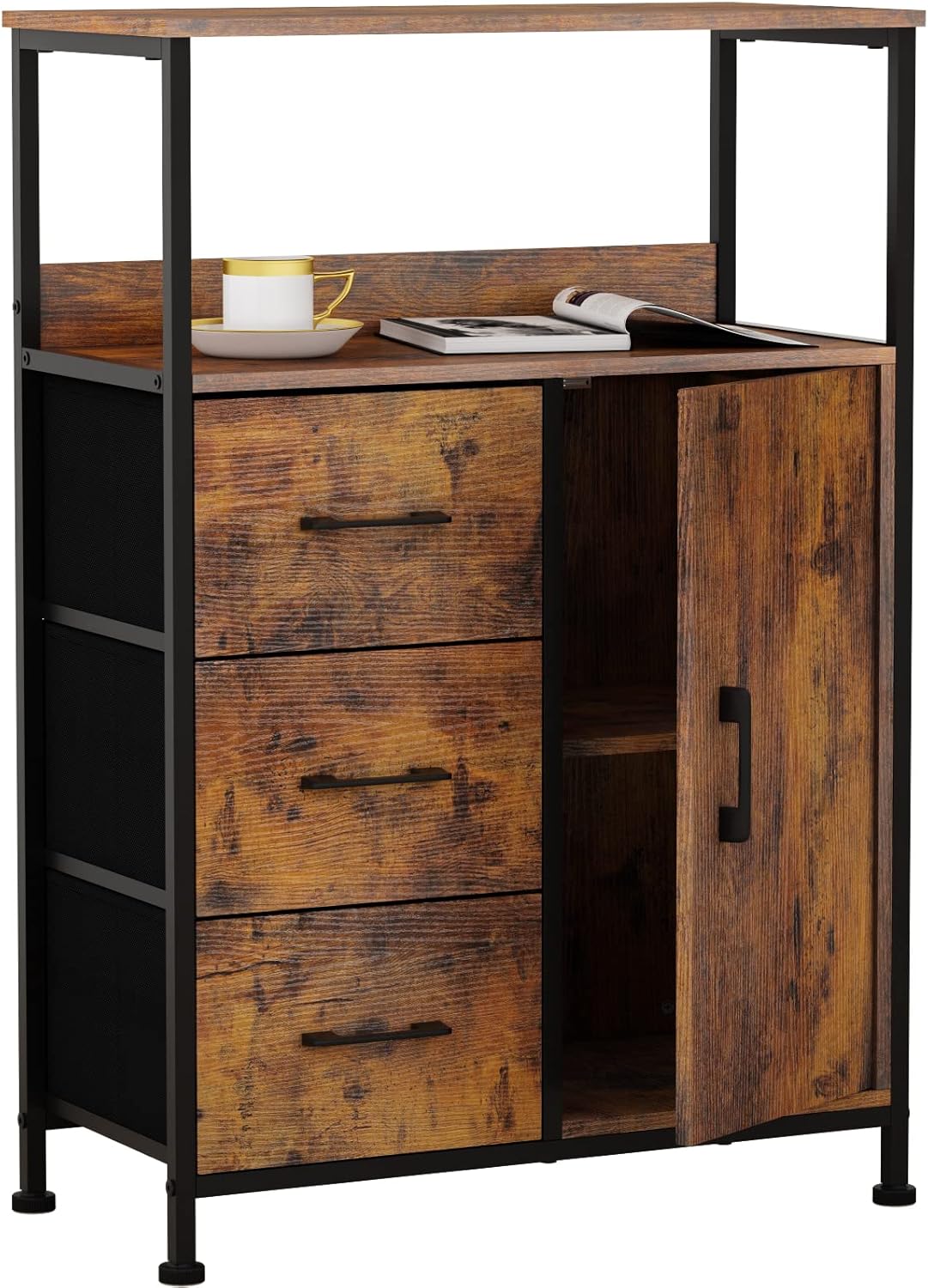 Furnulem Industrial Storage Cabinet with 3 Drawers and Door,2 Tiers Shelves Wood Office Cabinet with Sturdy Frame Sideboard for Bathroom,Entryway,Office,Kitchen