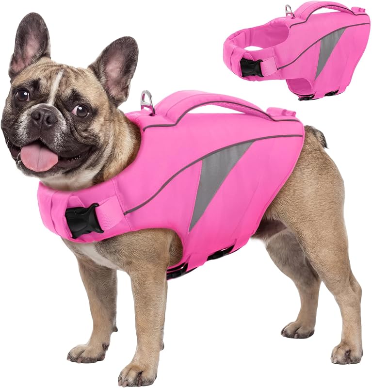 Colete Salva-Vidas para Cães Queenmore com Flutuação, Alças Ajustáveis e Faixas Refletivas Rosa Tamanho S