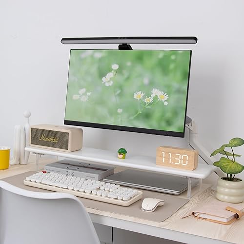 Miniatura 8 de Soporte elevador de bambú para monitor con patas acrílicas para escritorio, estante de escritorio de 31.5 pulgadas para monitor de computadora de