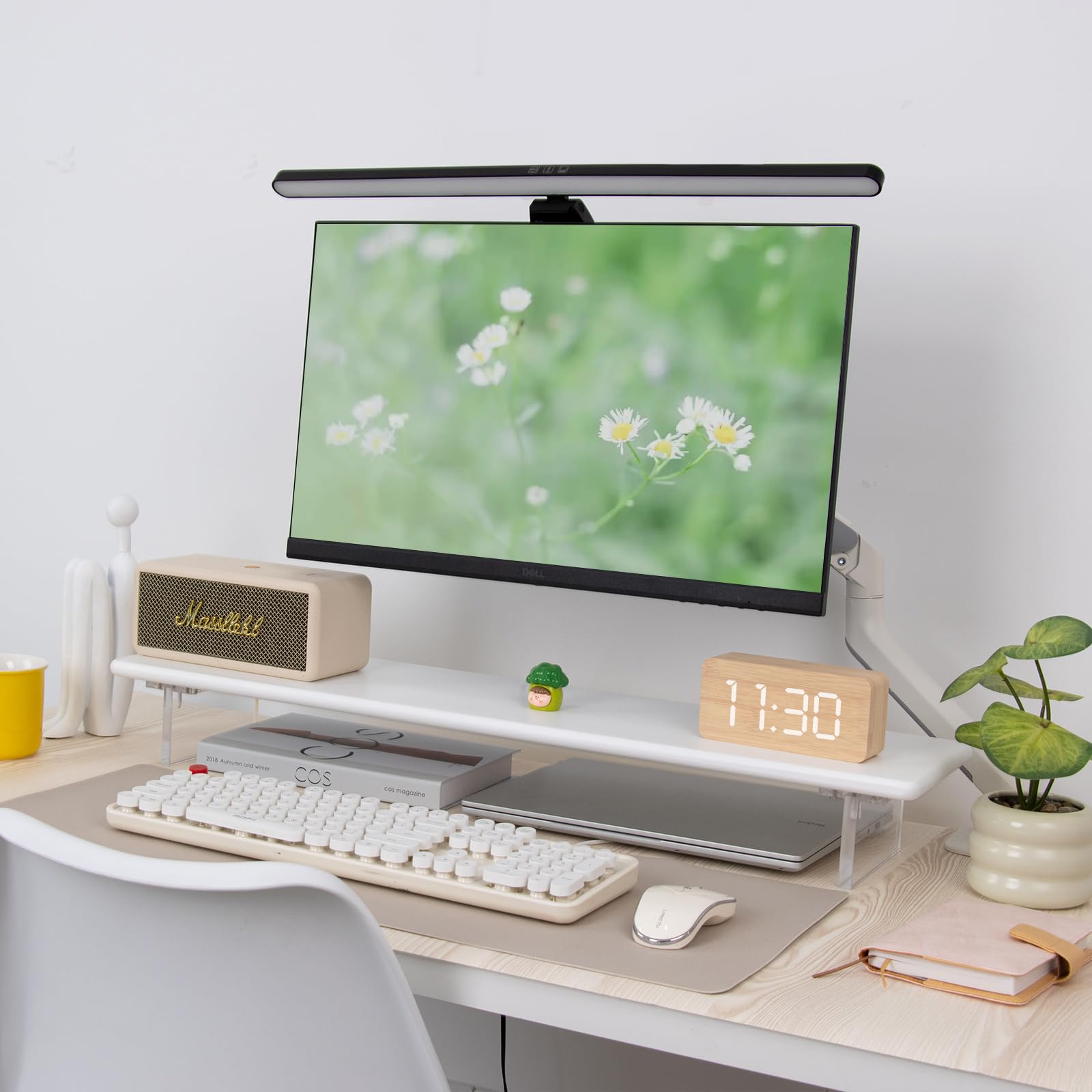 Supporto per monitor in bambù, mensola da scrivania naturale con gambe in acrilico | 31,5 pollici di larghezza, 3,3 pollici di spazio, adatto per monitor, laptop, stampante e altoparlanti per piccole scrivanie