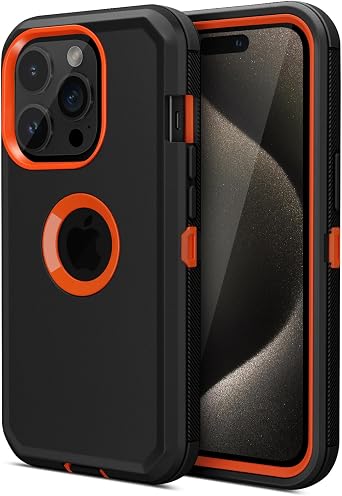 Jiunai for iPhone 15 Pro Max Case Heavy Duty Drop Protection Screenless Dual Layer Shockproof Sports Rugged Bumper Dust Proof Cell Phone Case for iPhone 15 Pro Max 6.7 2023 Released - Black Orange