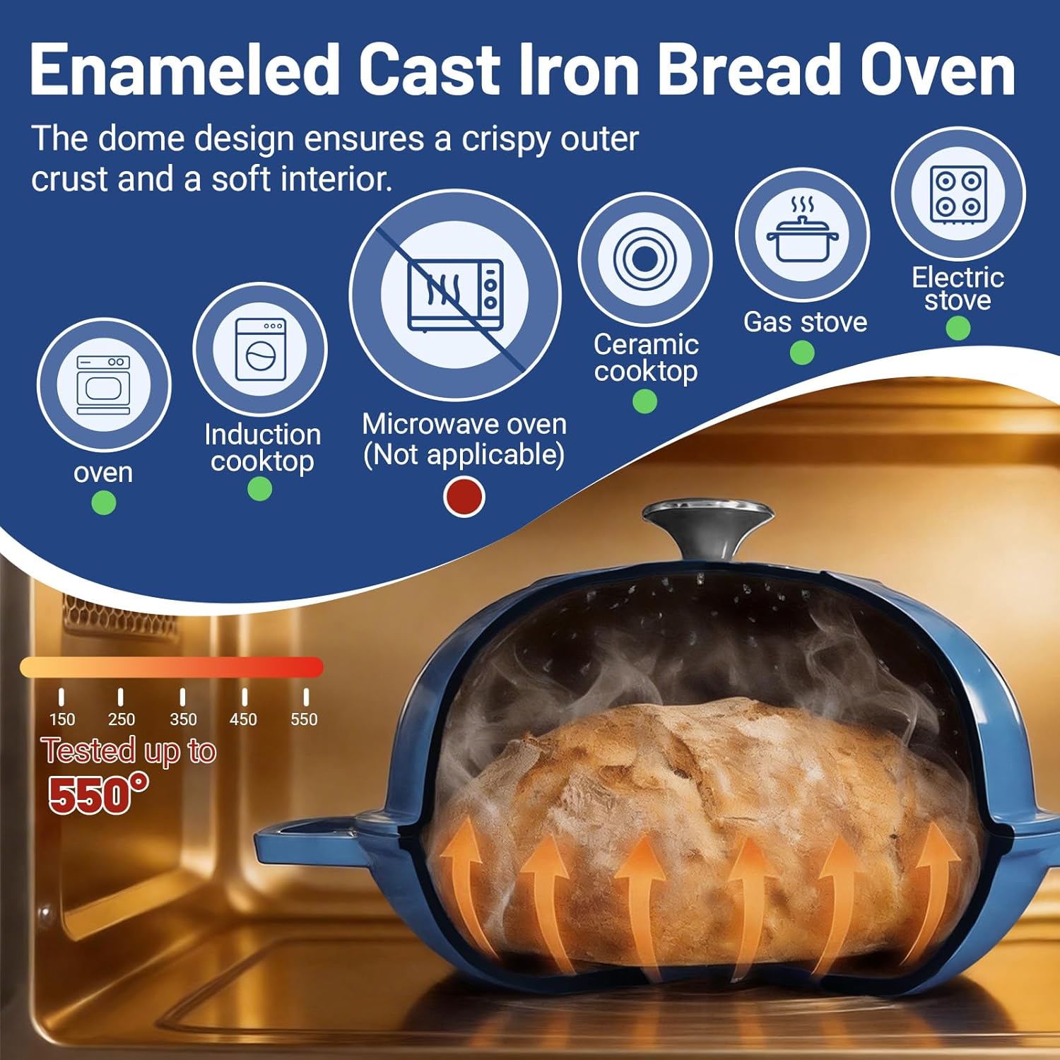 Cast Iron Bread Oven, Enameled Dutch Oven for Baking Sourdough Bread with Dome Lid & Complete Accessory Kit for Bread, 5QT (Blue)