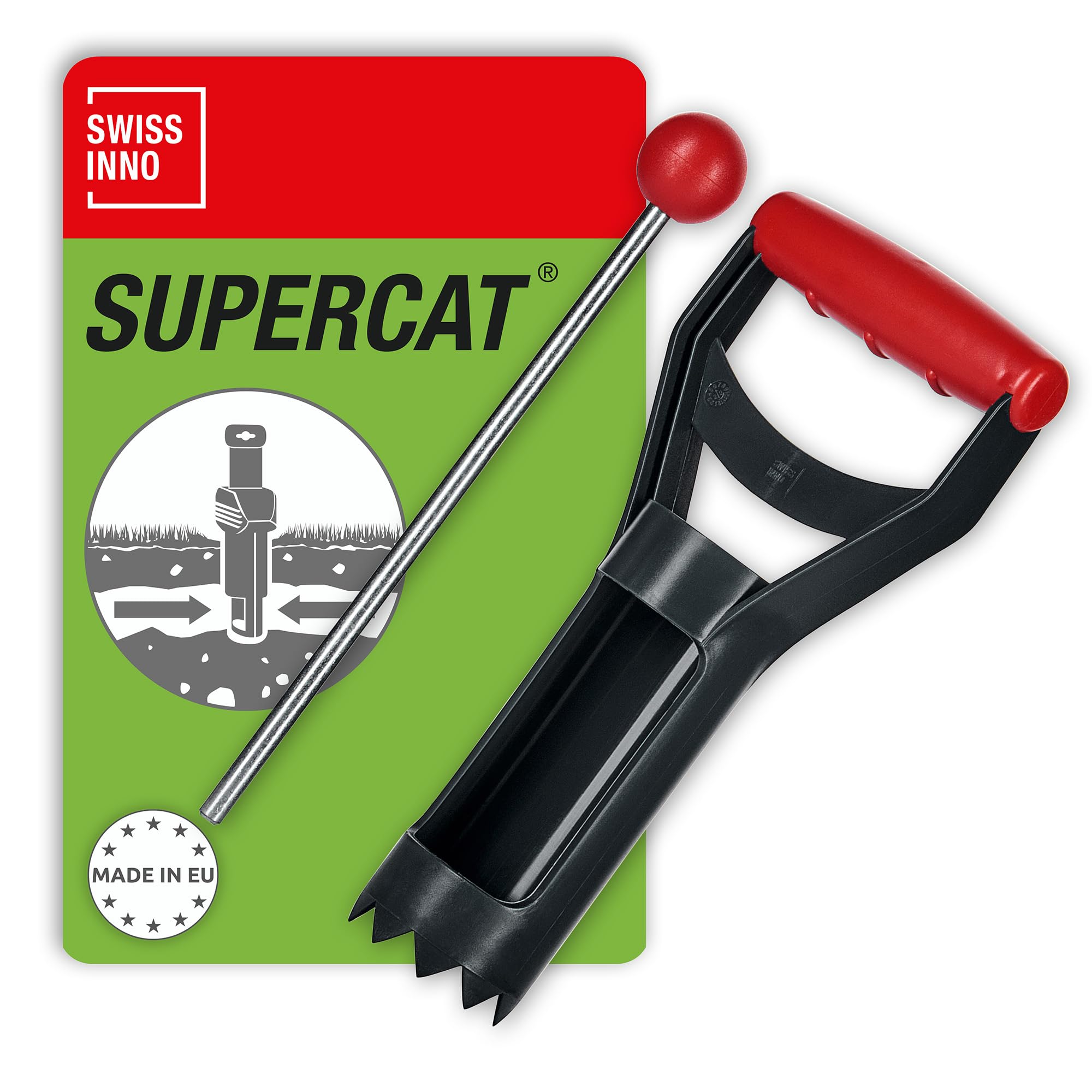 SWISSINNO Set Accessori SuperCat per Trappola Arvicole e Talpe, Sonda di localizzazione del tunnel da 25 cm e Scavabuchi con Maniglia in plastica per Buco 6cm dia. Facile da usare. Set da 2 pezzi. x1