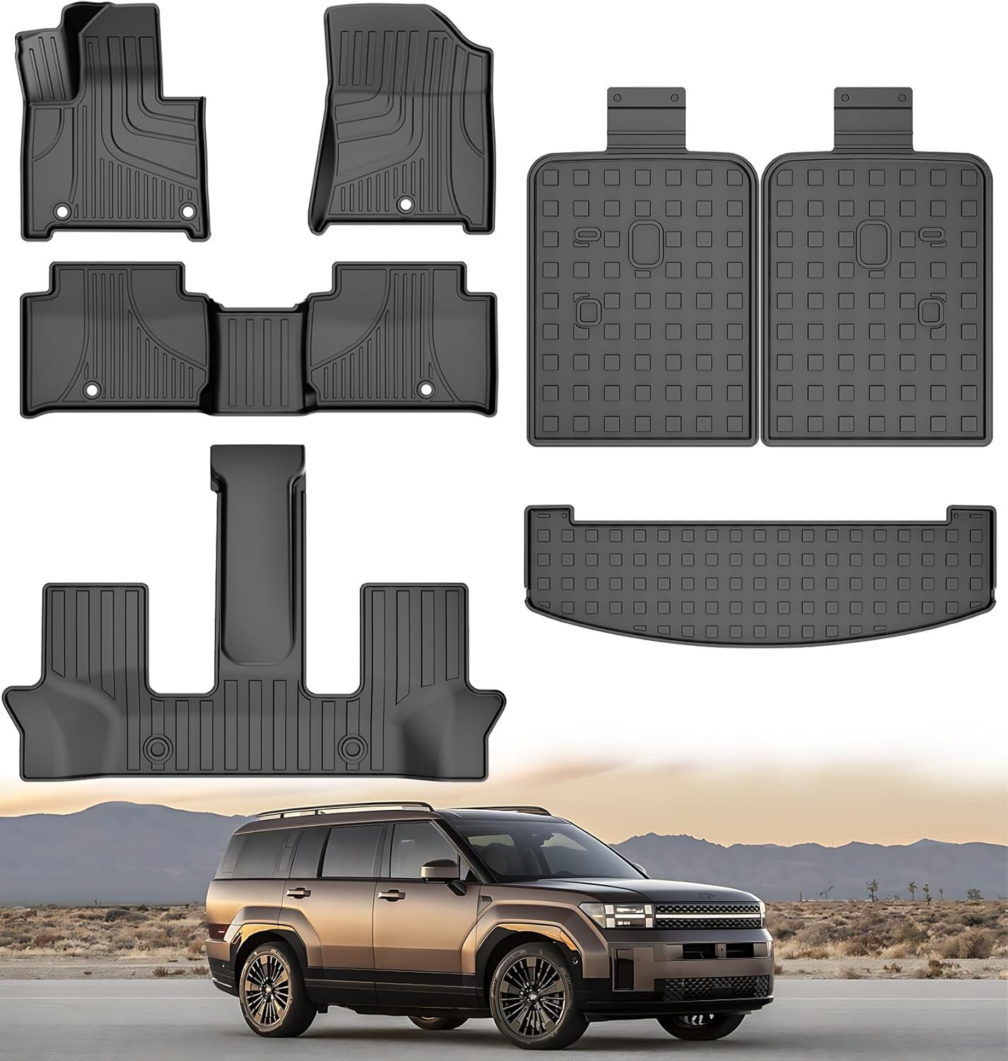 Original 2025 2024 Santa Fe Floor Mats & Cargo Liner & Backrest Mat for Hyundai Santa Fe (Not Fit Hybrid) - Custom Fit Anti-Slip TPE Car Mats - All Weather Full Set Mats for Hyundai Santa Fe 2024 2025 2024-2025 Santa Fe Gas Floor Mats & Cargo Liner