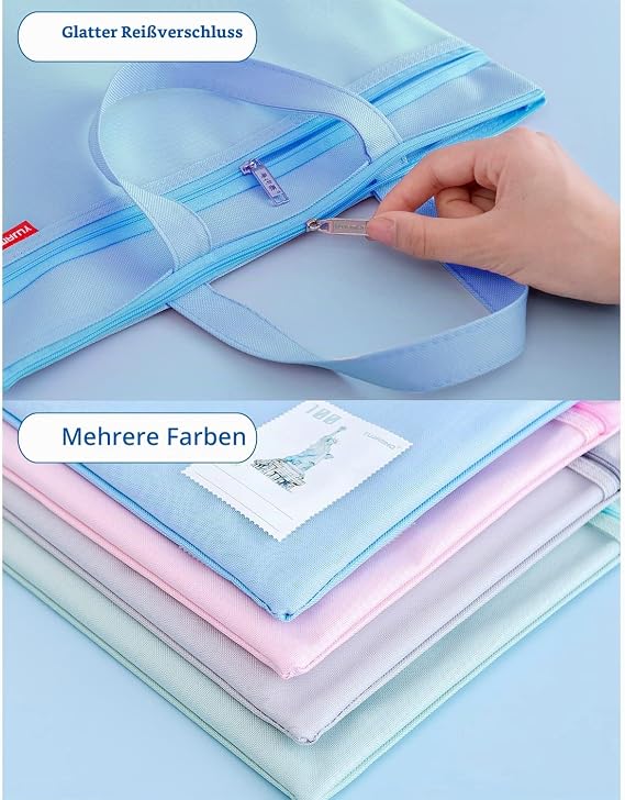 Document Wallets A4 with Zip and Mesh Pocket Set of 2 Blue/Pink Nylon Zip Bag 35 x 28 cm Double Zip Waterproof Carry Bag Mesh Portfolio Folder A4 for School Office and Travel