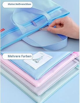 Document Wallets A4 with Zip and Mesh Pocket Set of 2 Blue/Pink Nylon Zip Bag 35 x 28 cm Double Zip Waterproof Carry Bag Mesh Portfolio Folder A4 for School Office and Travel