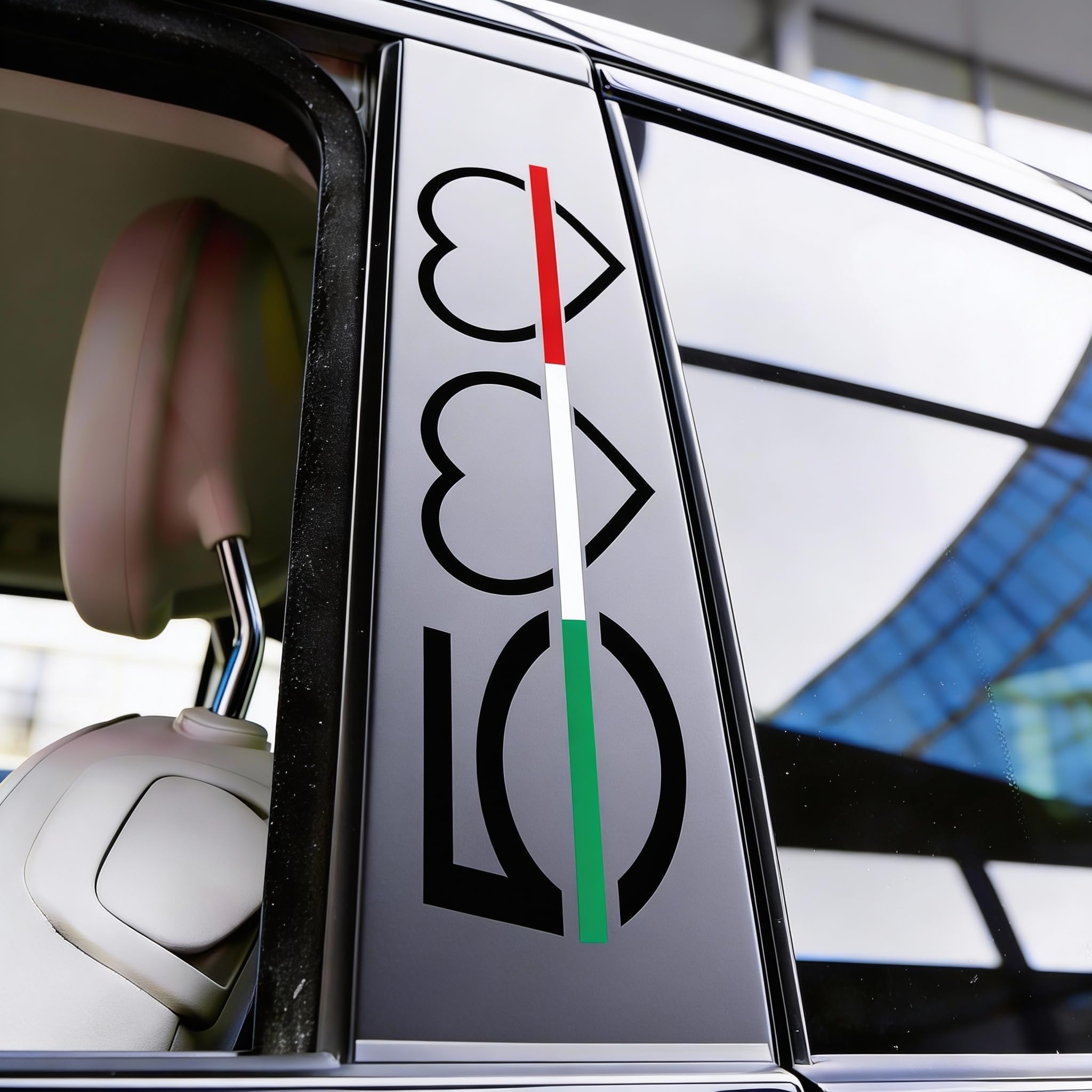 2 Adesivi Montanti Auto “Italia nel Cuore” Compatibile con Fiat 500 – Stickers Tricolore (Nero Opaco)