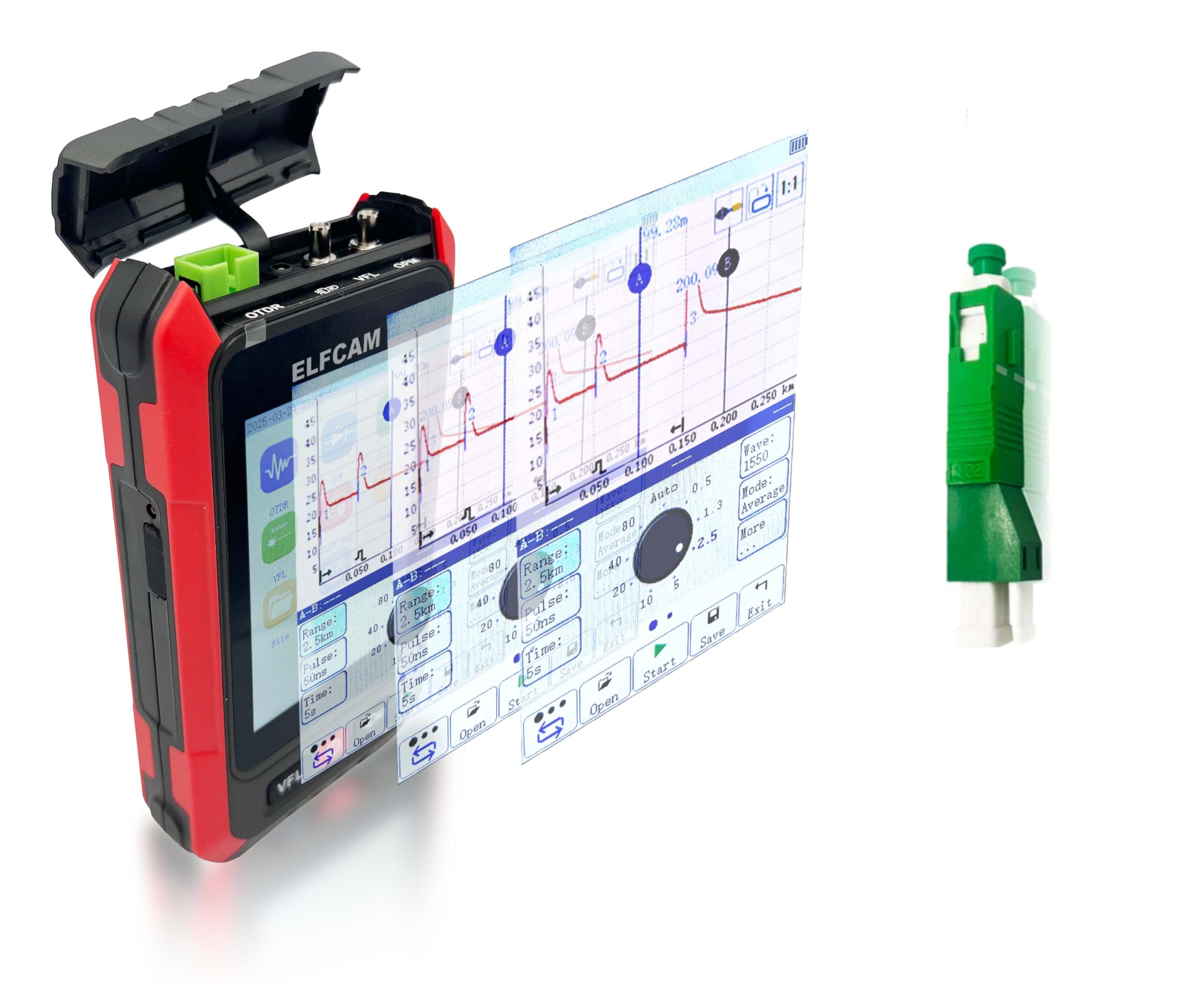 Elfcam - Mini OTDR Monomode 1310nm/1550nm, 22dB/20dB, Jusqu’à 60km, avec Photomètre/Multimètre Optique et VFL, La Livraison avec L' Adaptateur SC/APC Mâle à LC/APC Femelle