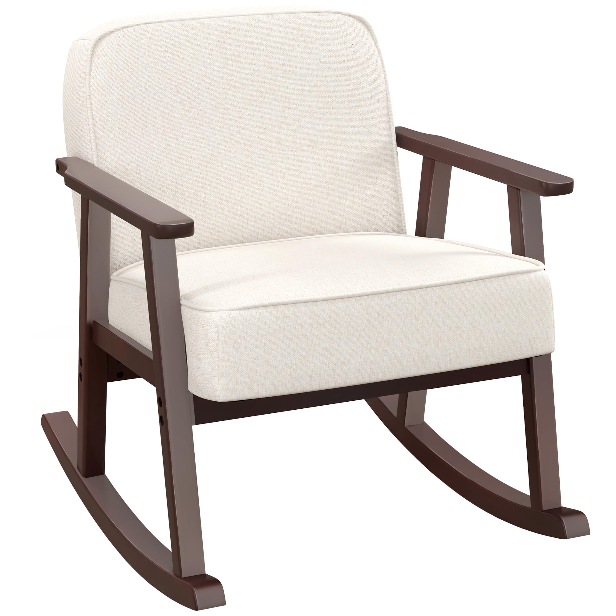 HOMCOM Poltrona a Dondolo per Interni in Tessuto Effetto Lino e Legno con Braccioli e Cuscini, 66x78x76 cm, Beige e Marrone