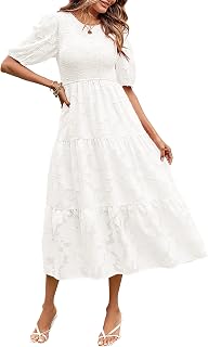 Women's 2025 Summer Puff Sleeve Smocked Floral Dress Crewneck Lace Flowy Tiered Midi Dresses