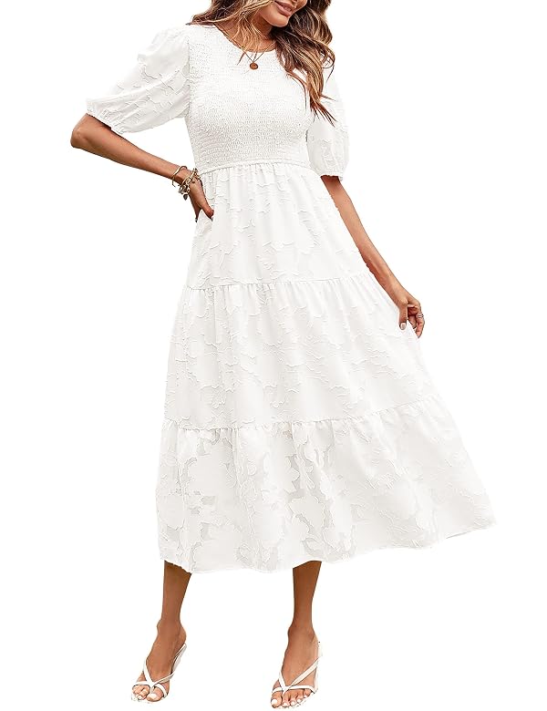 MEROKEETY Women's 2025 Summer Puff Sleeve Smocked Floral Dress Crewneck Lace Flowy Tiered Midi Dresses,White,L by MEROKEETY - Used condition - US$36.80