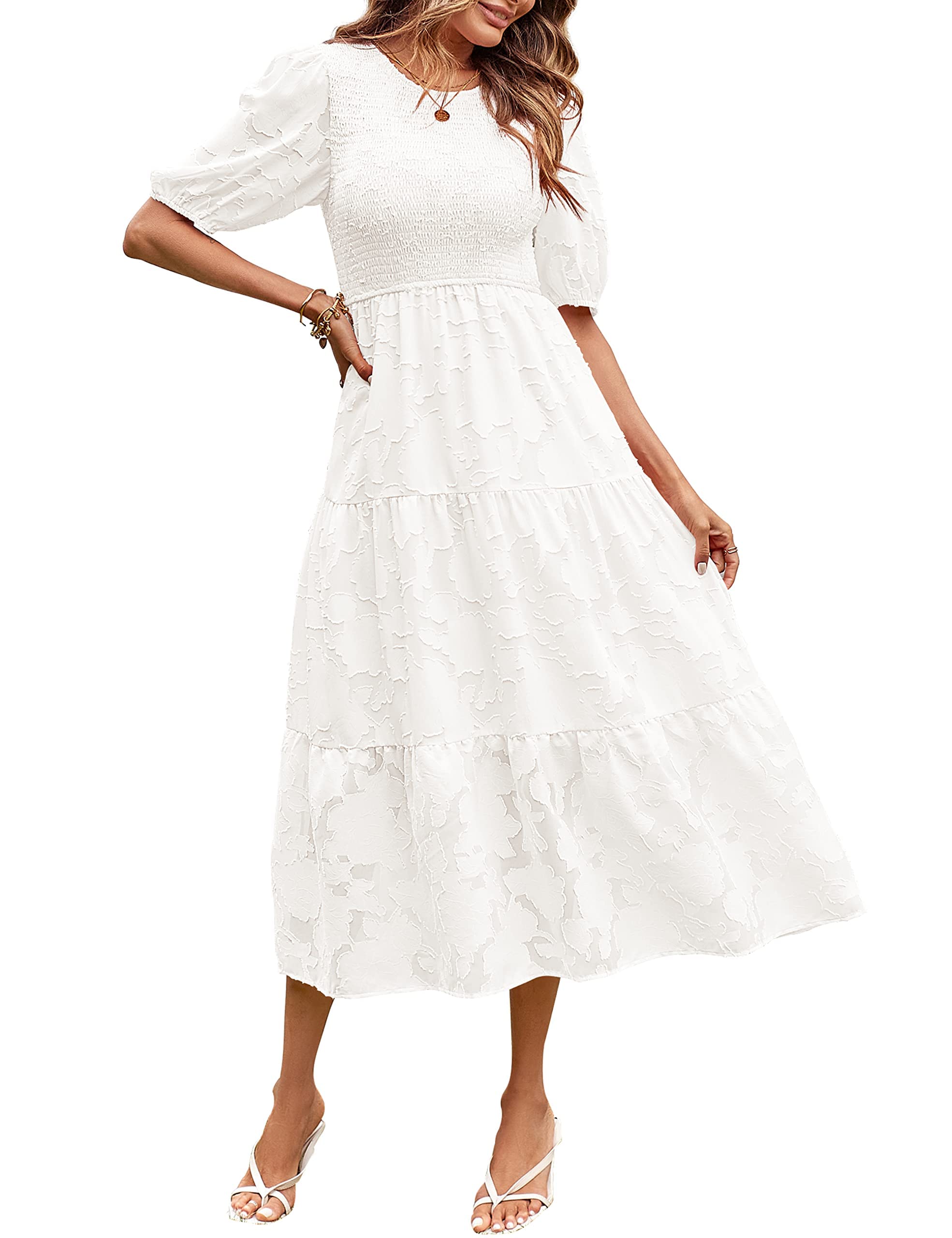 MEROKEETY Vestido de Verano para Mujer, Manga abombada, Floral, Cuello Redondo, Encaje, Fluido, Escalonado, Blanco, Small