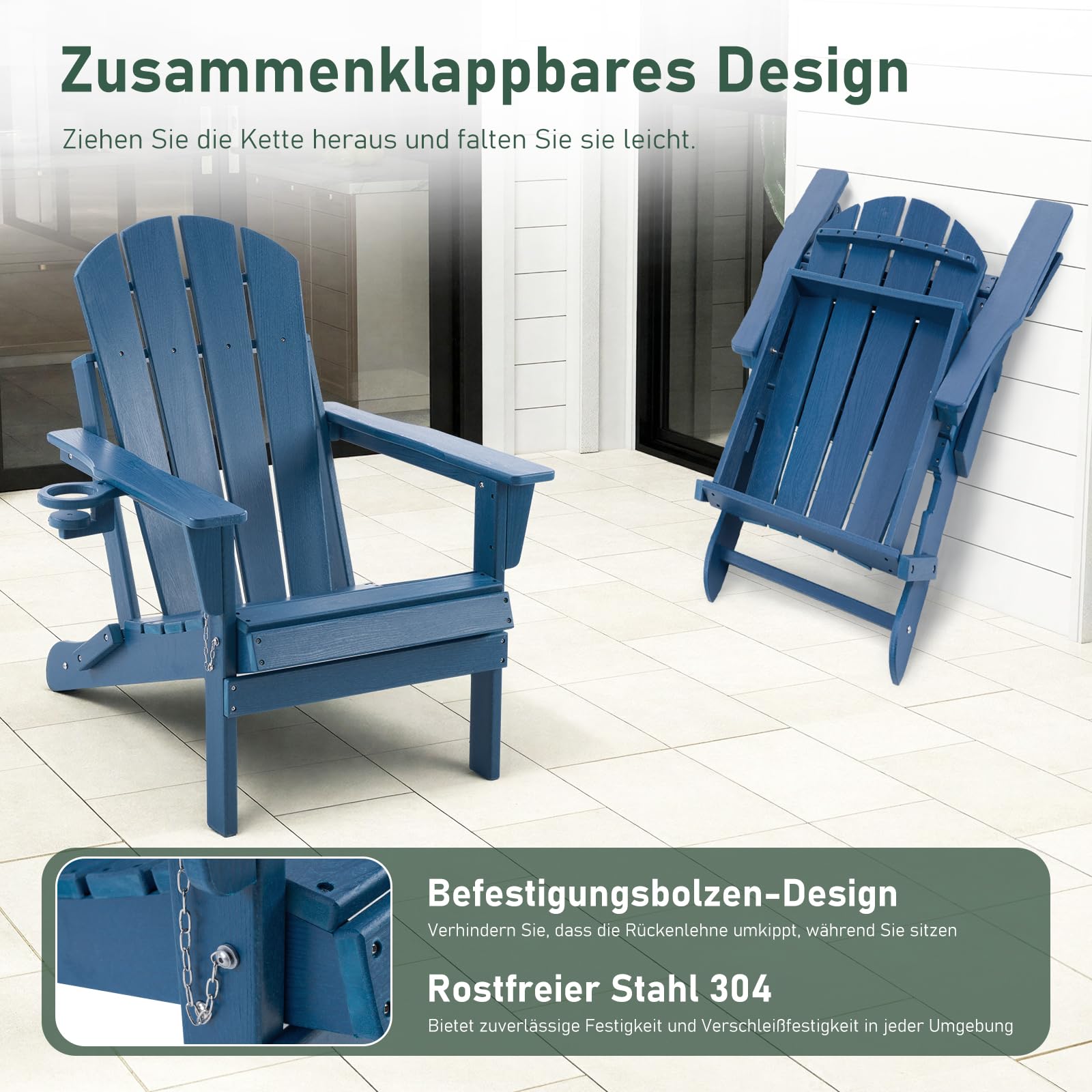 Adirondack Stuhl Klappstuhl mit Getränkehalter, Wetterfest Gartenstuhl Patio Stühle, Gartensessel aus Kunststoff für Garten, Terrasse und Balkon, Blau