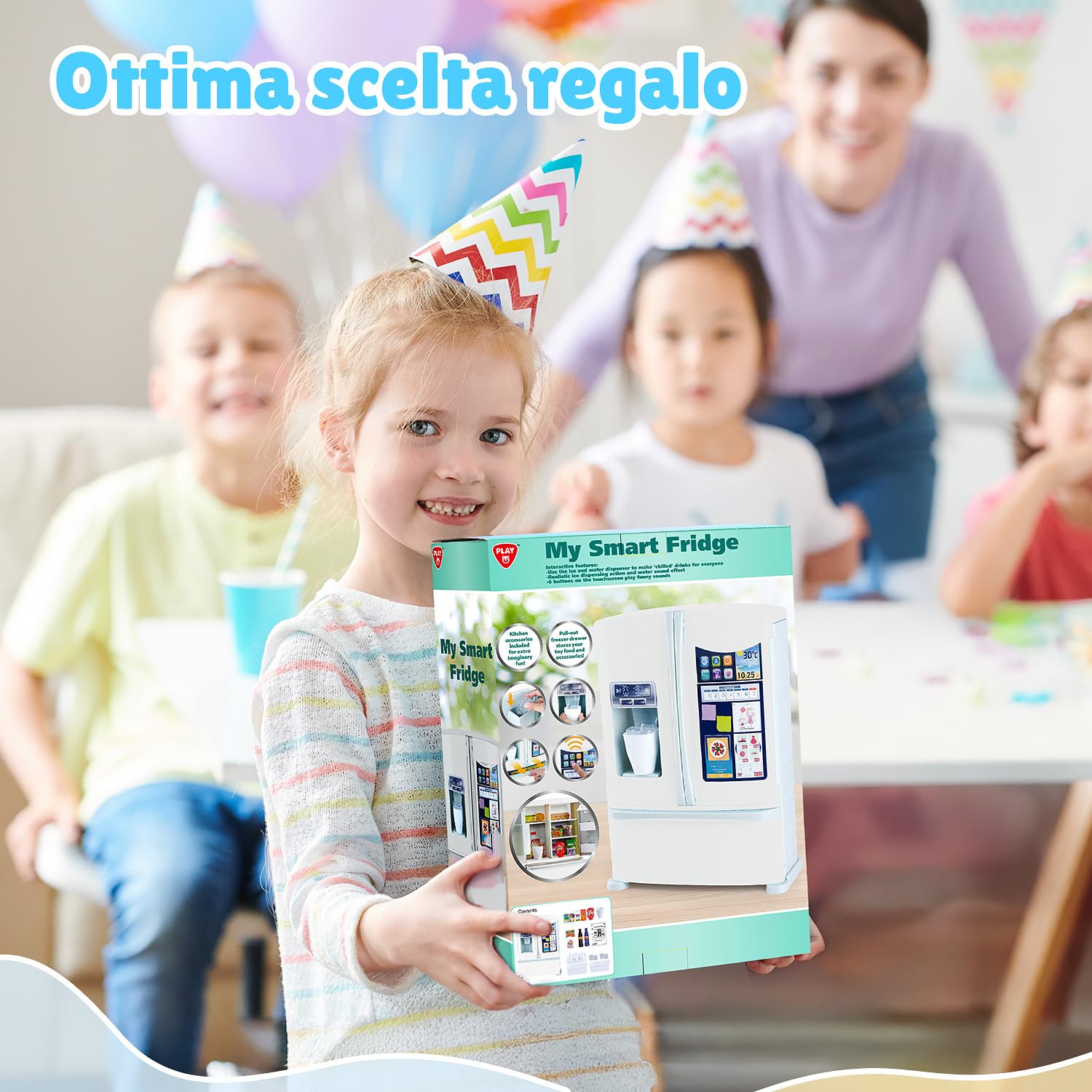 PLAY Frigorifero Giocattolo, Accessori Cucina con Frigo Giocattolo, Giocattoli Alimentari, Cubetti di Ghiaccio, Effetti Sonori Realistici, Set di Cucina Giocattolo per Bambini da 3+ Anni - Bianco