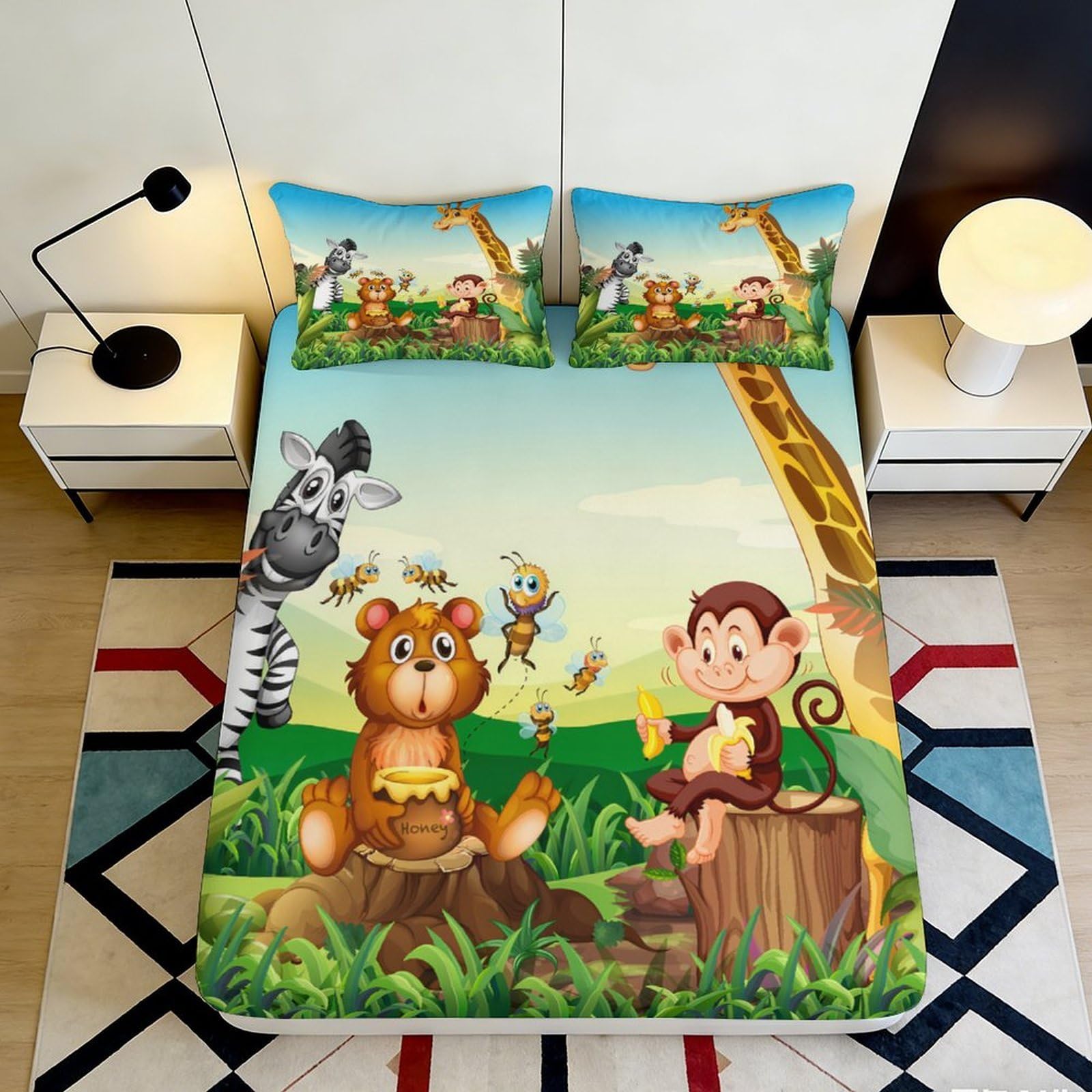 Dhbaneiok Style-2 3D Printed Jungle Animal Fitted Sheet Microfiber Soft Anti-Slip Cartoon Monkey Mattress Cover For Bedroom Home Decor 90X200x25cm