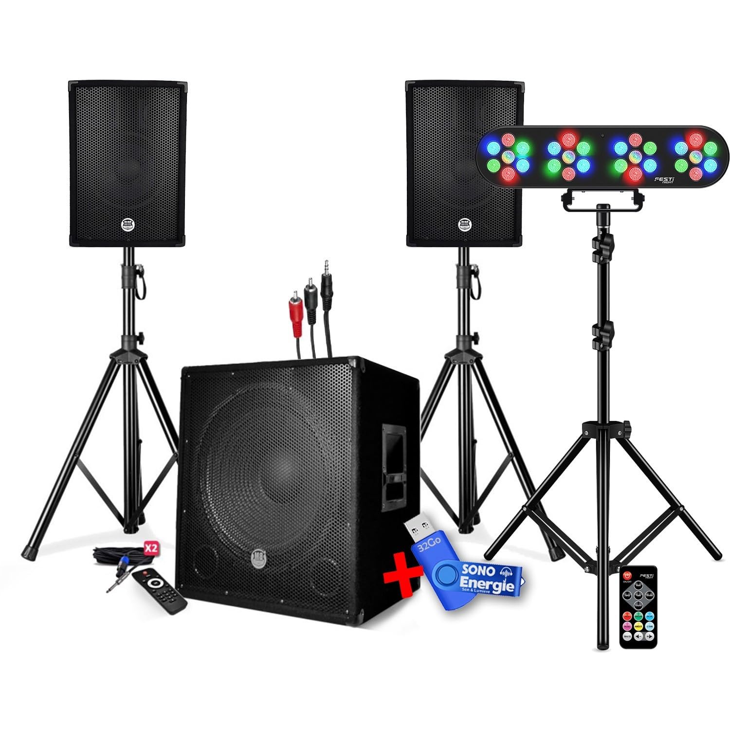PACK SONO DJ ENCEINTE +CAISSON DE BASSES USB Bluetooth +PIEDS +CABLES HP/PC offerts, 4 PAR LED, TRÉPIED, +Clé USB 32G