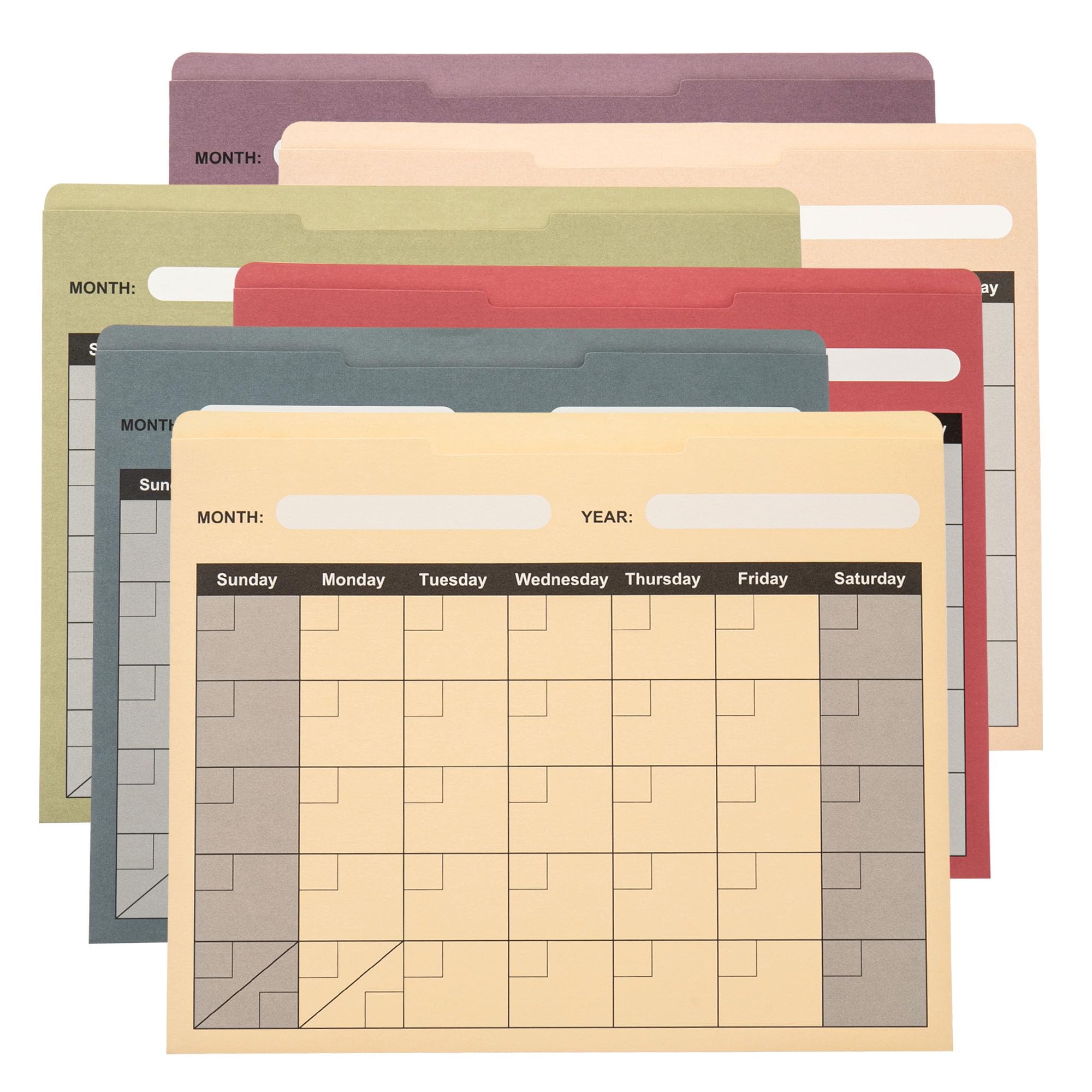 Beramon 6 Pack Colored File Jackets Letter Size No Expansion Pocket Folder for Office Home School with Reinforced Straight-Cut Tab, Calendar Design