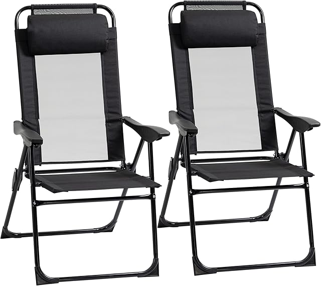 Outsunny Set of 2 Portable Folding Recliner Metal Outdoor Patio Chaise Lounge Chairs with Adjustable Backrest, Black