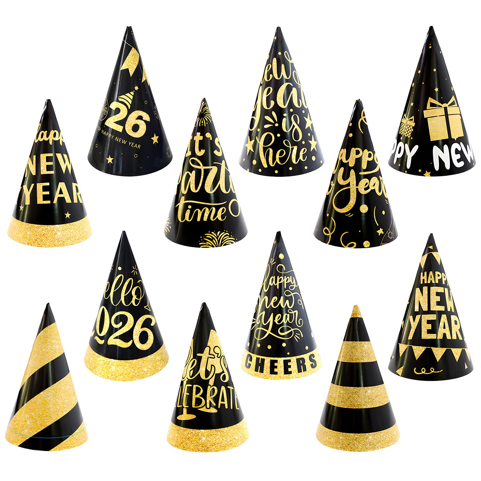 12 Pcs New Years Eve Party Hats for New Years Eve Decorations 2026,Black and Gold Cone Paper Hat Favour Accessories for Photo Props Headwear,Eve Party Supplies Favors Celebration Go to Next Year