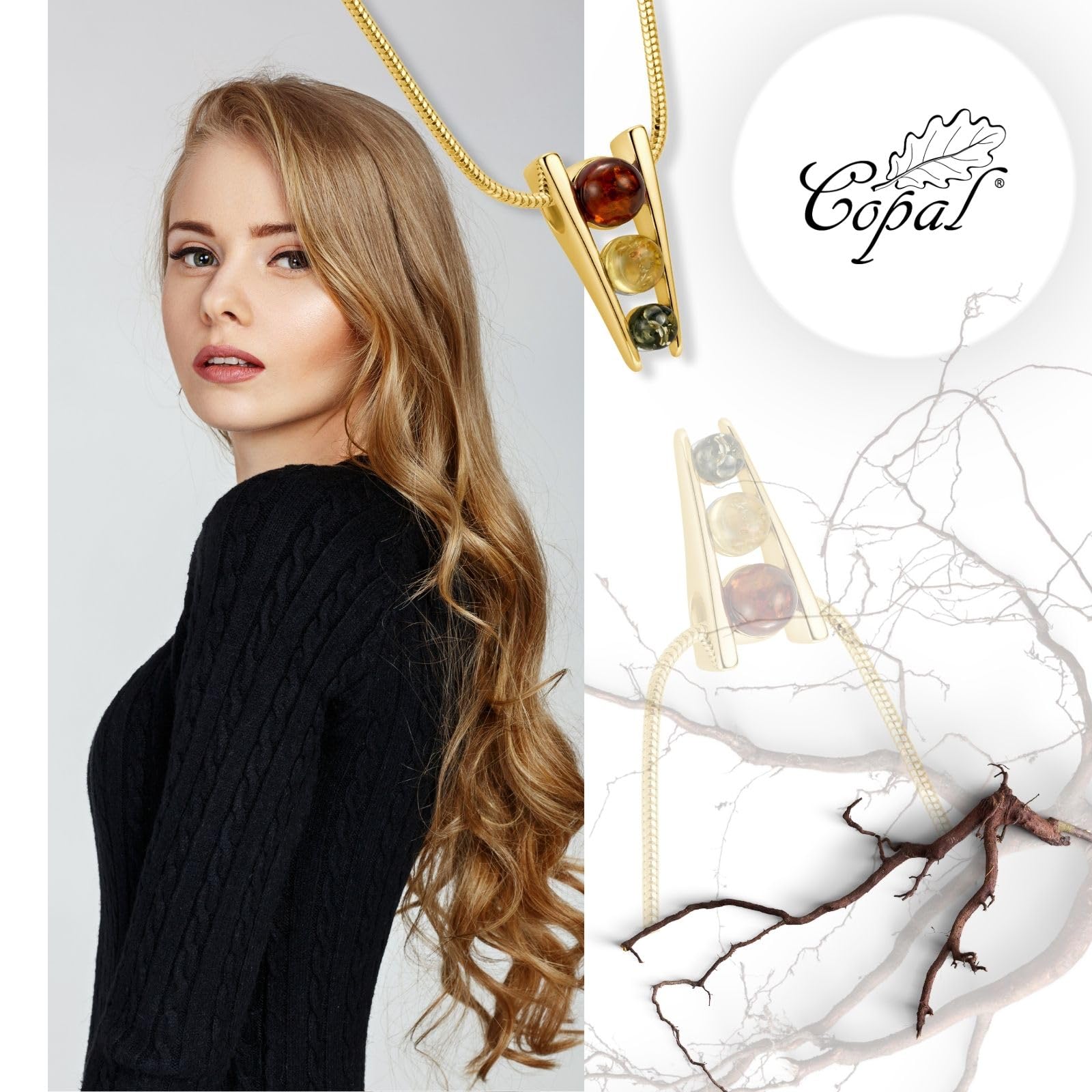 Collar Artesanal Ámbar Tricolor Con Cadena De Plata Dorada