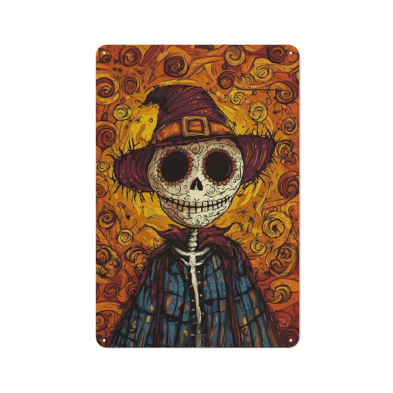 Junmoney Scarecrow Day Of The Dead Understated Metal Wall Decor 30X20cm, Decorative Metal Sign For Workspace, Cafe, Shop Or Desk Area