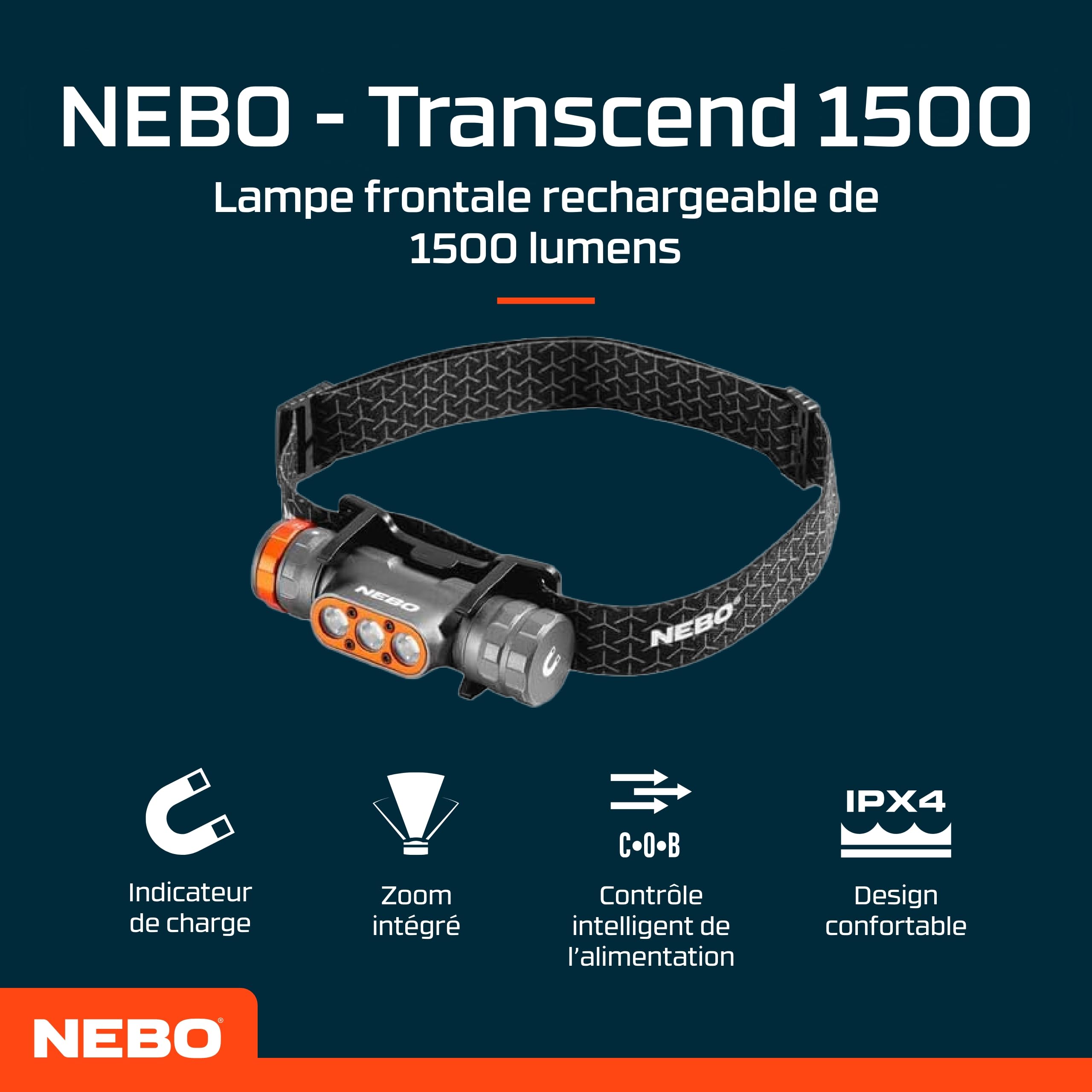 NEBO Transcend 1500 - Lampe frontale rechargeable USB-C - Accessoires de camping et de randonnée - Lampe frontale pour la course à pied et le sport en extérieur,Noir