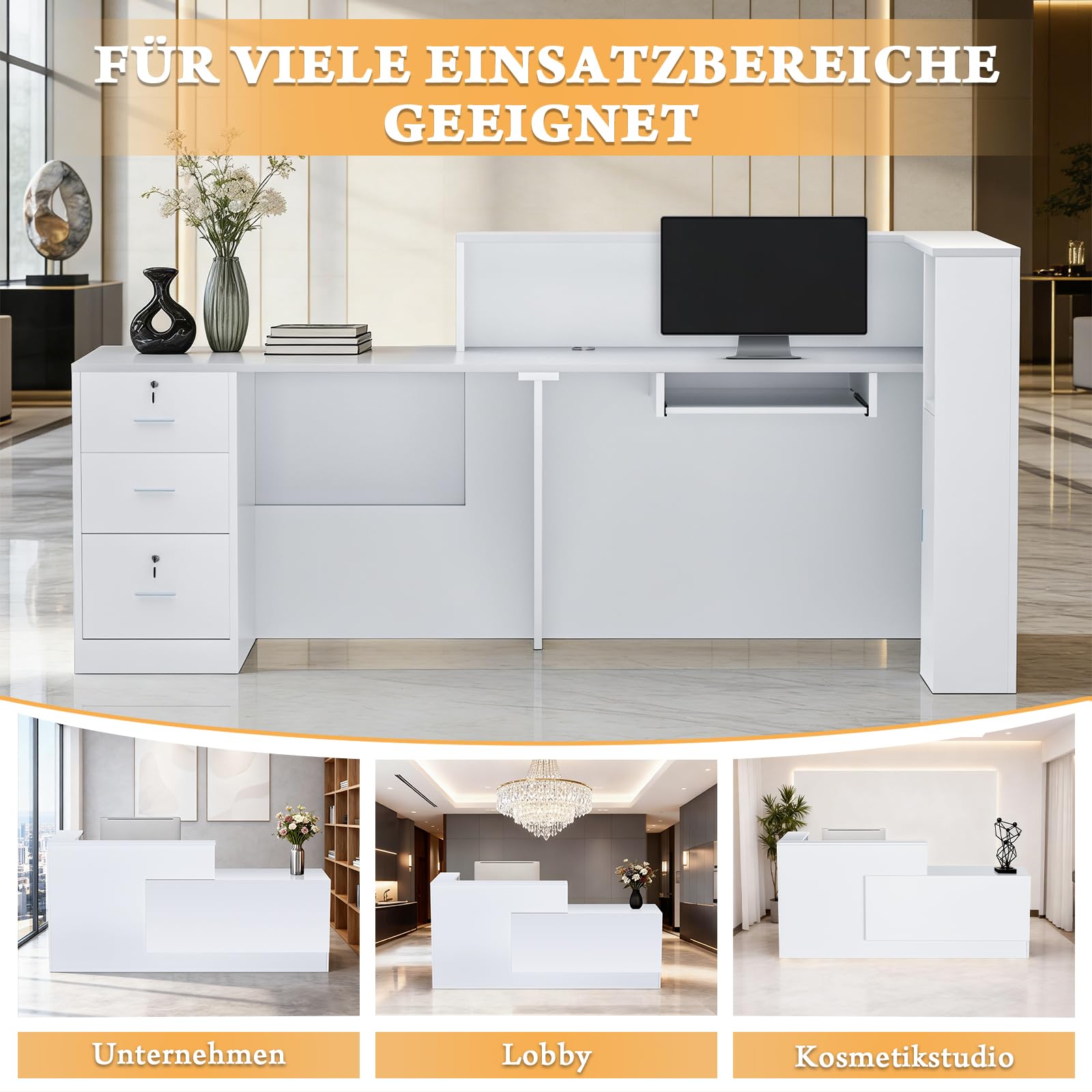 L-förmiger Empfangstisch mit abschließbarer Schublade, Ablagefächern & offenen Regalen, moderner Rezeptionstisch aus Holz für Büro, Lobby, Café