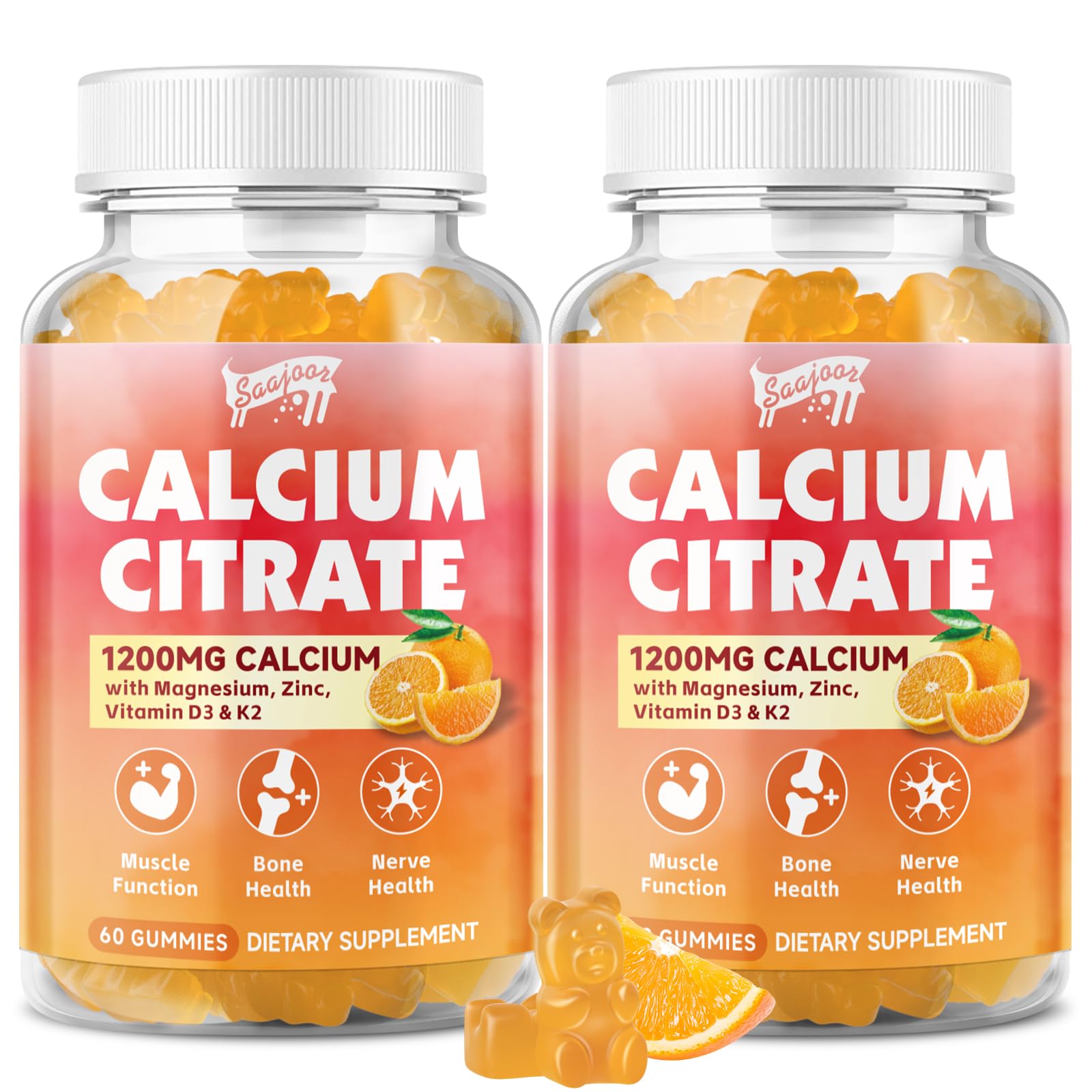 Calcium Citrate Gummies 1200 mg with Vitamin D3, K2, Magnesium, Zinc, Bone Support for Bones, Muscles & Joints,Immunity & Memory Support, 120 Count 2 Pack