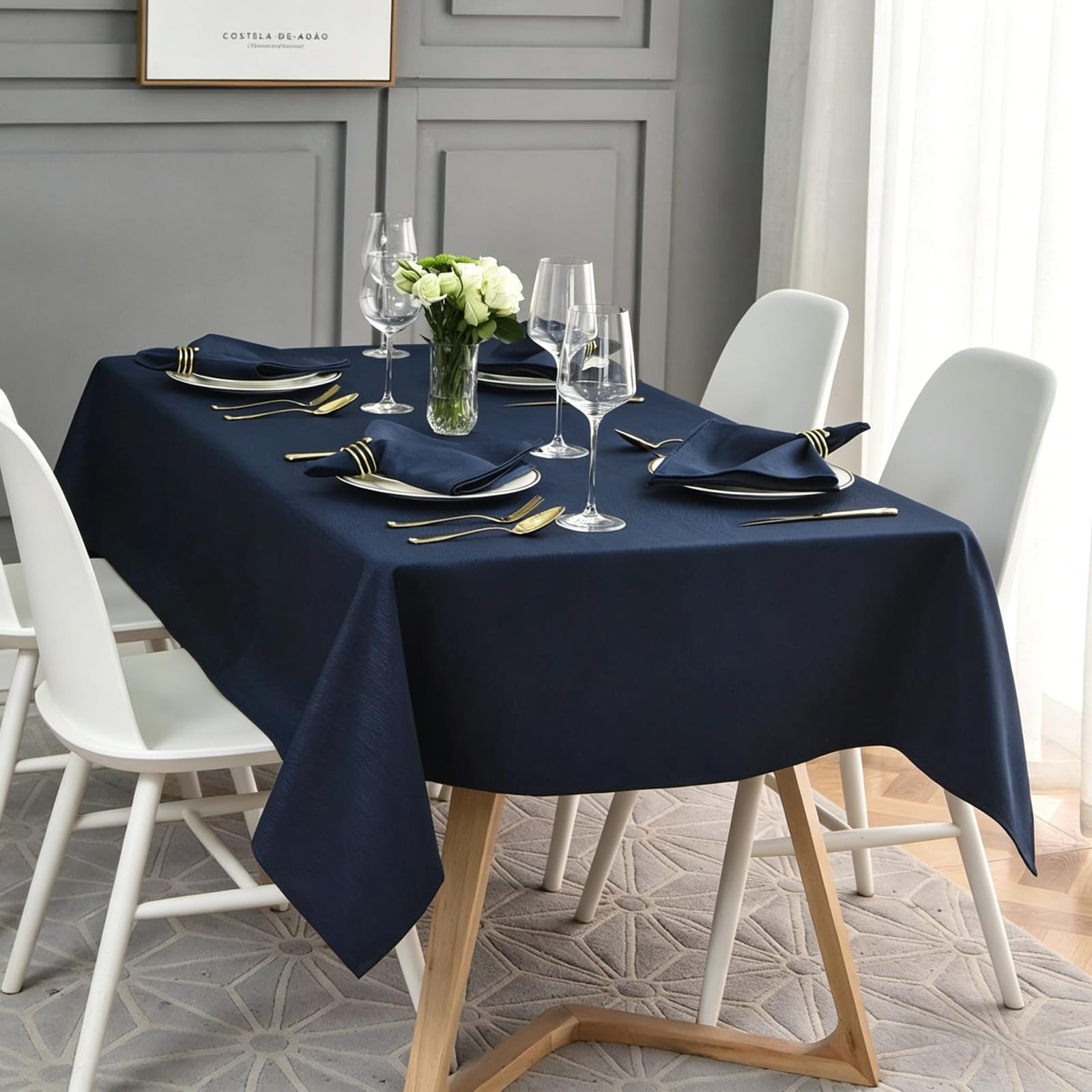 Mantel Rectangular Lino 1.3 x 2.6 m Antimanchas Lavable, Impermeable Exterior Mesa Durabilidad y Fácil Limpieza para Comedor, Cocina, Cumpleaños, Festivos, Fiesta, Picnic, Azul Marino