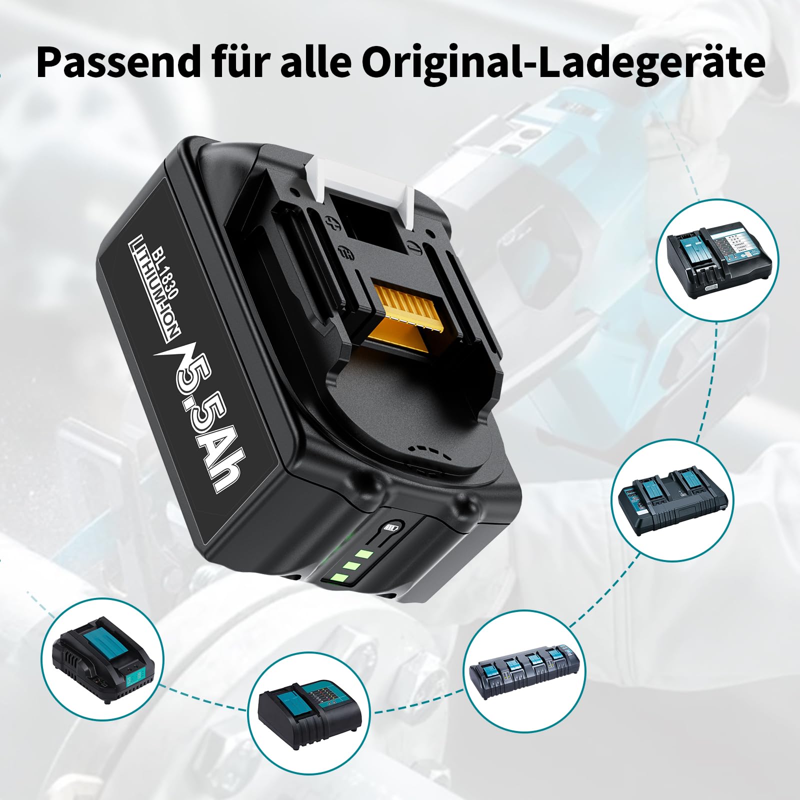2 X 5500mAh für Makita Akku 18V, Ersatzakku für Makita 18V LXT Akkuwerkzeug | Verbesserter Li-ion Akku für Makita 18 Vlot, Kompatibel mit BL1850 BL1850B BL1840 BL1840B BL1830 BL1830B (mit LED Indikator)