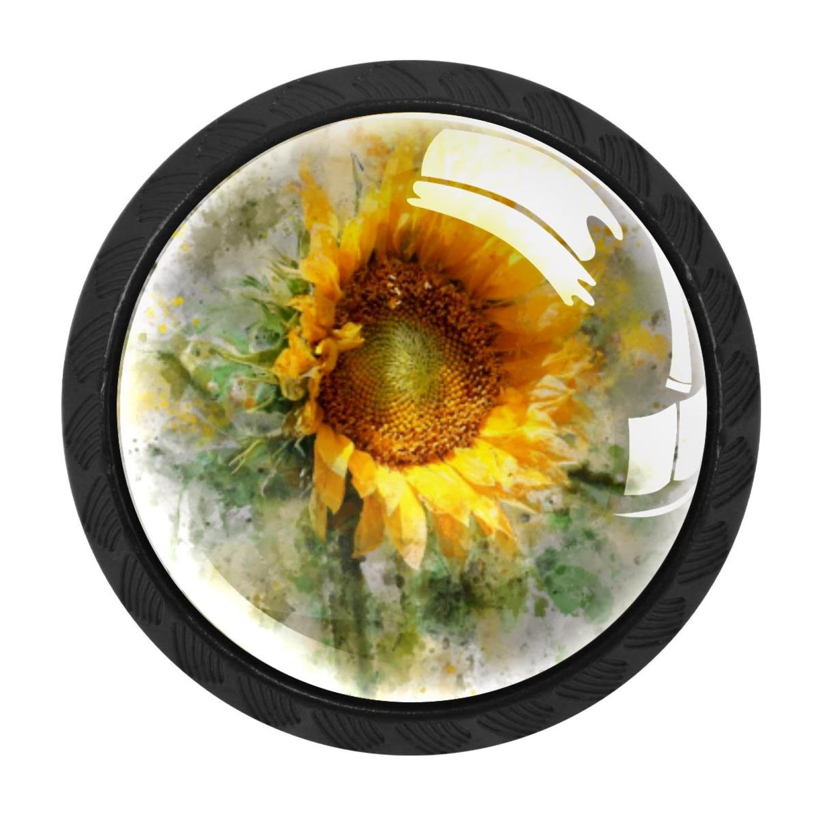 CHENZZZZ 4 Pieces Round Cabinet Knobs Watercolor Art Sunflower (3) Dresser Knobs Pulls Handles with Screws for Drawer Pulls Handles Knobs Door Knobs