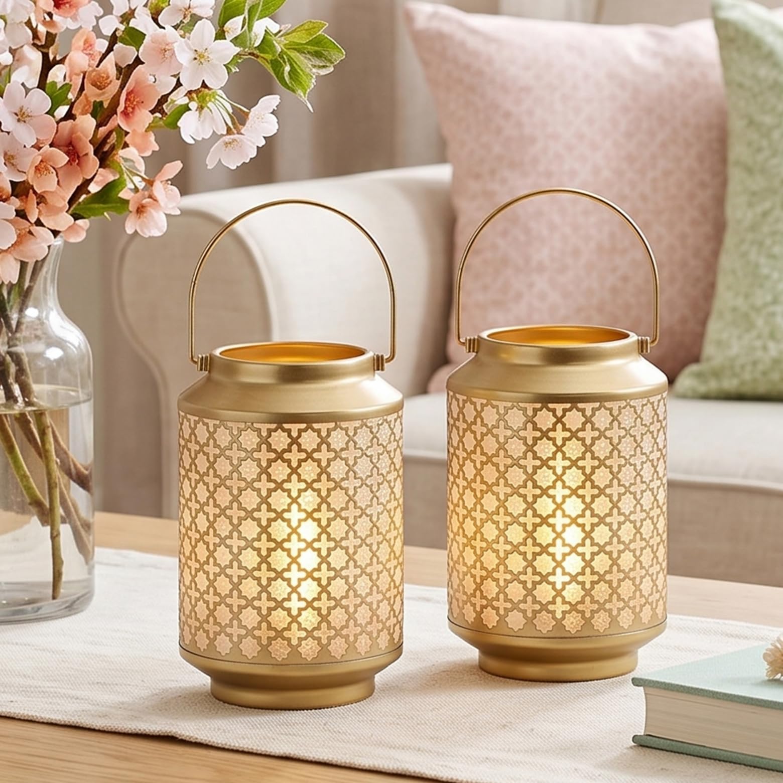 TRIROCKS Set di 2 lampade a batteria alte 17 cm Lampada decorativa a batteria in metallo con lampadina a LED per casa, soggiorno, matrimoni, feste, in patio, esterni, interni(oro)