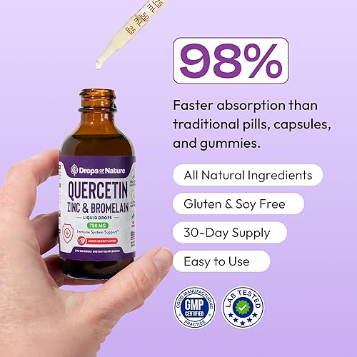 Miniatura 3 de Gotas líquidas de quercetina con bromelina y zinc (5 mg) - Apoyo inmunológico para adultos y niños - Bioflavonoides ultraconcentrados - Defensa