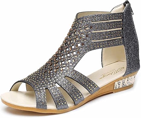 Amazon.com: DLQX Sandalias de cuña para mujer, sandalias de playa con  plataforma brillante y tacón bajo con cremallera trasera, sandalias romanas  de moda con punta abierta (varios colores) (talla 42, color: B) :
