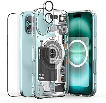 Compatible with iPhone 16 Clear Magnetic Case with Tech Circuit Design, Animation Support, Tempered Glass & Lens Protector, Shockproof Corners, Slim Hybrid Grip Cover