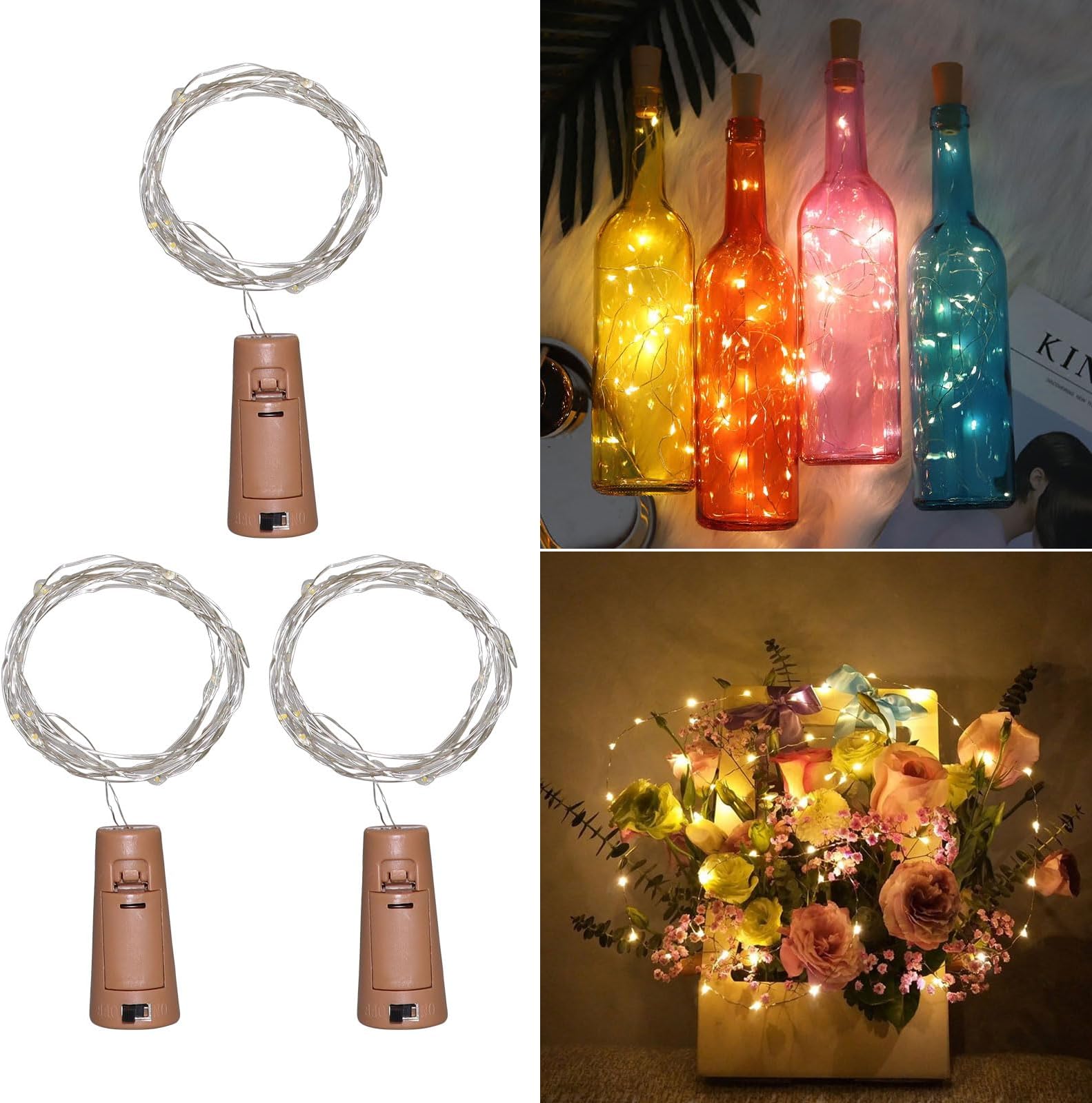 Akynite Bottle Cork Lights Warm White, 20 LEDs 2M String Fairy Lights, LED Gin Wine Bottle Lights for Dinner Party, Decoration Light for Wedding, Garden Table, Bedroom, Gift for Xmas, Pack of 3