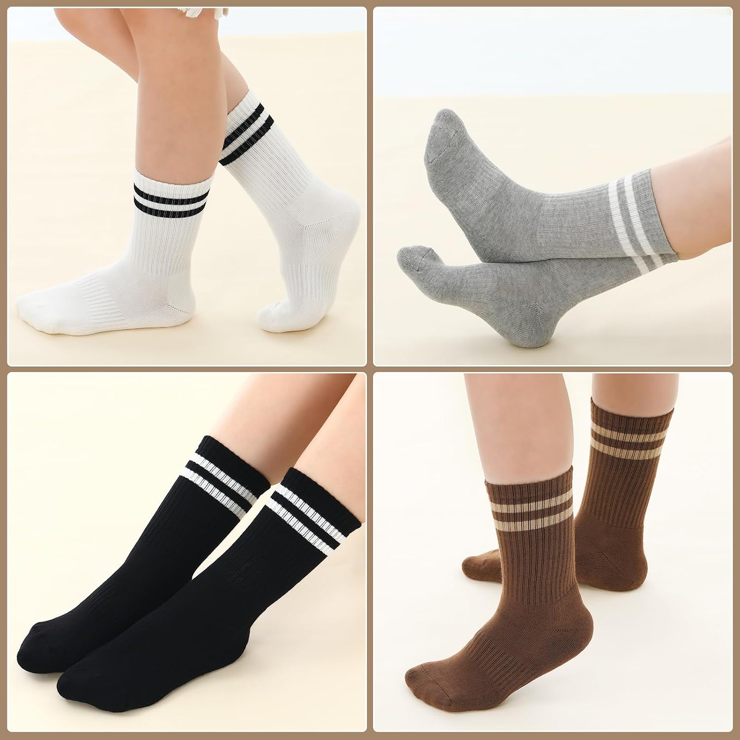 Newcotte 6 Pairs Cotton Crew Socks for Womens Striped Casual Crew Socks Brown Neutral Vintage Athletic Sock Size 5-11