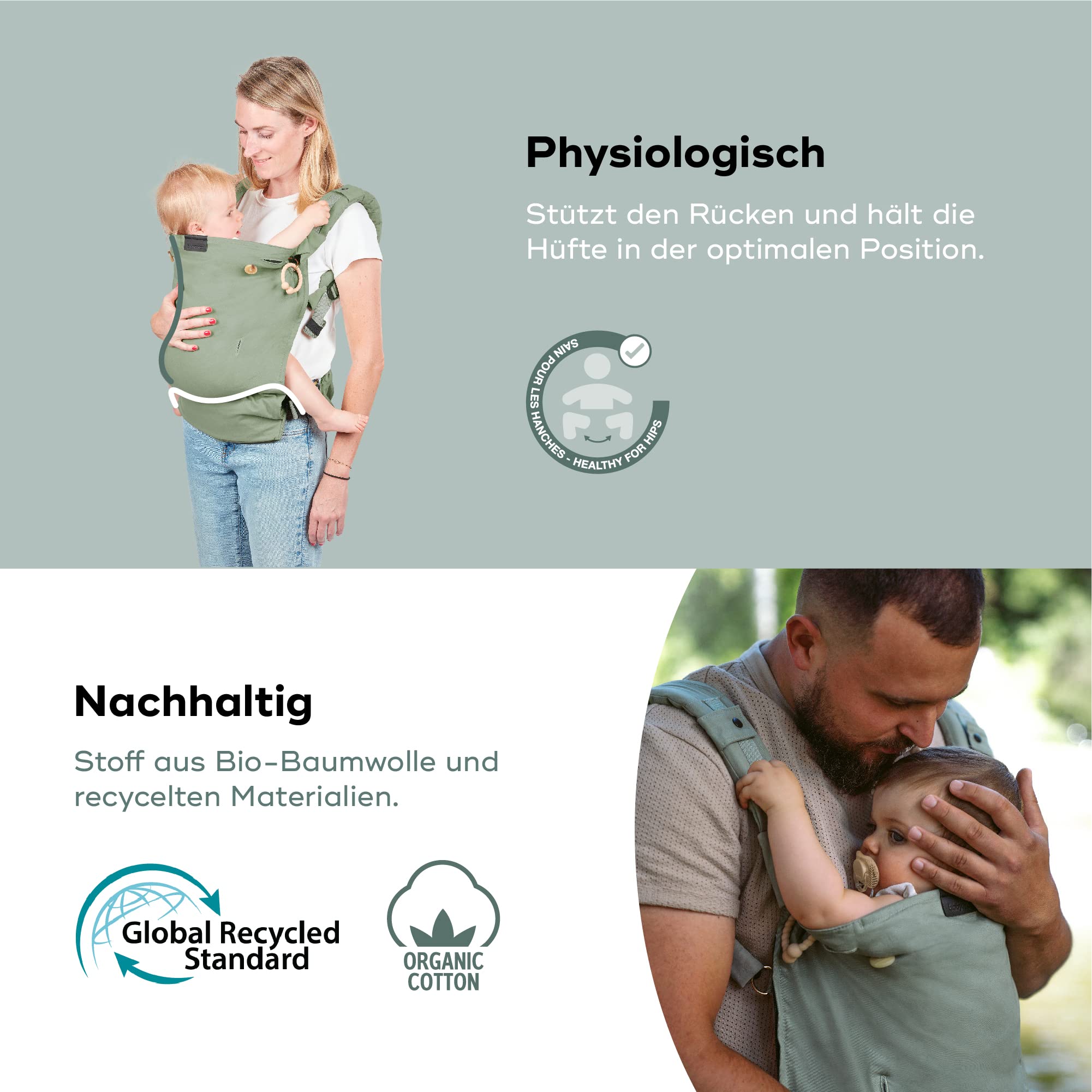 Babymoov Babytrage Moov & Boost Sage green - ergonomisch, für Babys und Kleinkinder, bis 20 kg